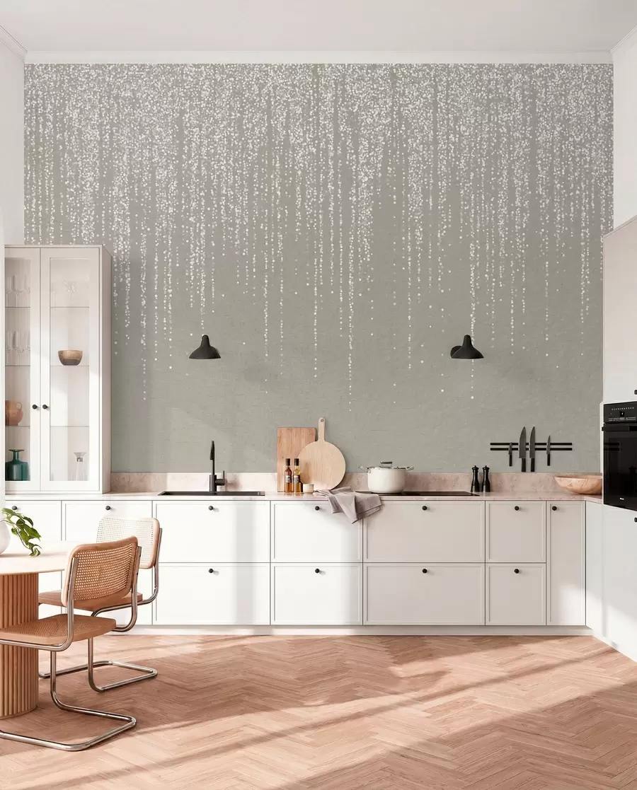 Papier peint Une impression verticale élégante de guirlandes en pointillés sur un fond texturé beige, créant une impression de profondeur et de mouvement w08470