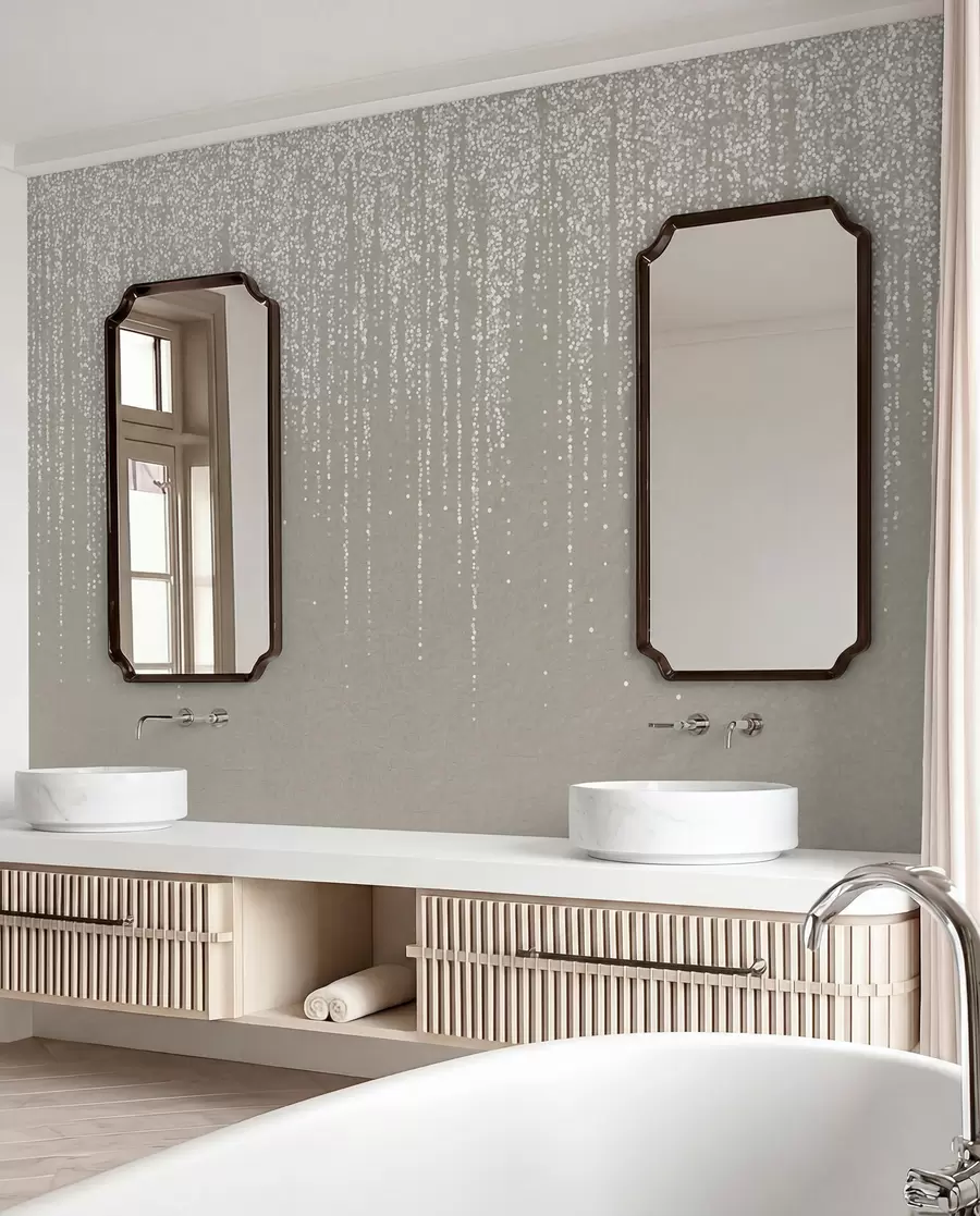 Papier peint Une impression verticale élégante de guirlandes en pointillés sur un fond texturé beige, créant une impression de profondeur et de mouvement w08470