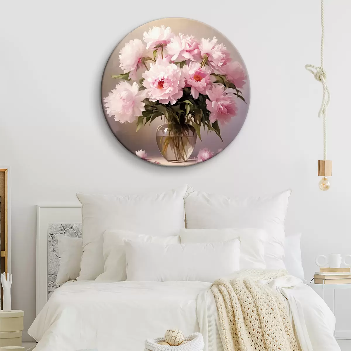 Tableaux rondes Pivoines roses dans un vase en verre sur fond noir, imitation peinture à l'huile, fleurs r38482