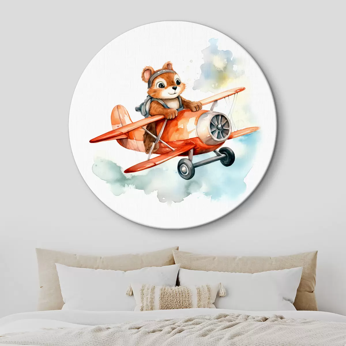 Tableaux rondes Bébé écureuil vole dans une aquarelle d'illustration pour enfants d'avion rouge r39116