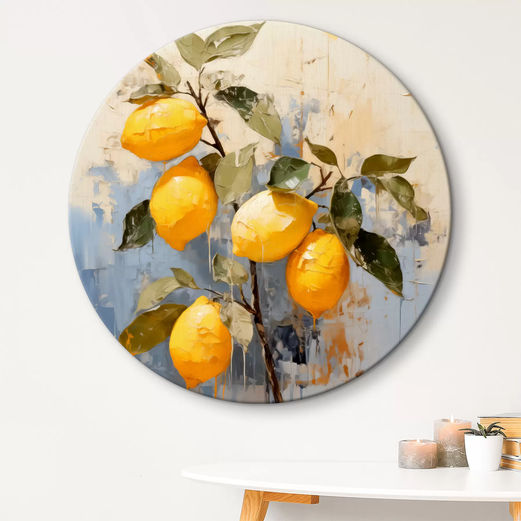 Tableau Branche avec des citrons mûrs peinture à l'huile art abstrait, couleur jaune, bleue et verte r39186