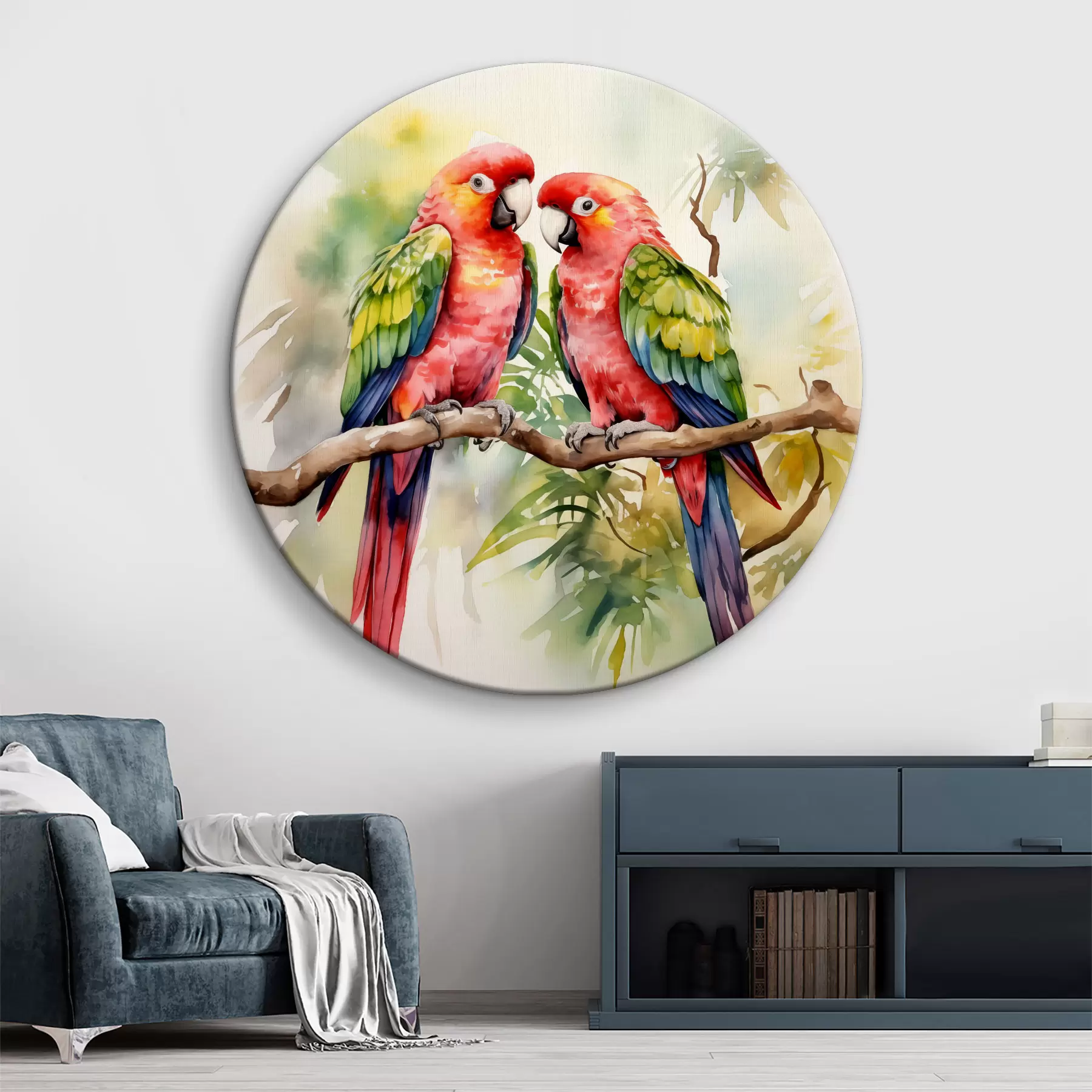 Tableau Deux perroquets aras brillants assis sur une aquarelle de branche r39333