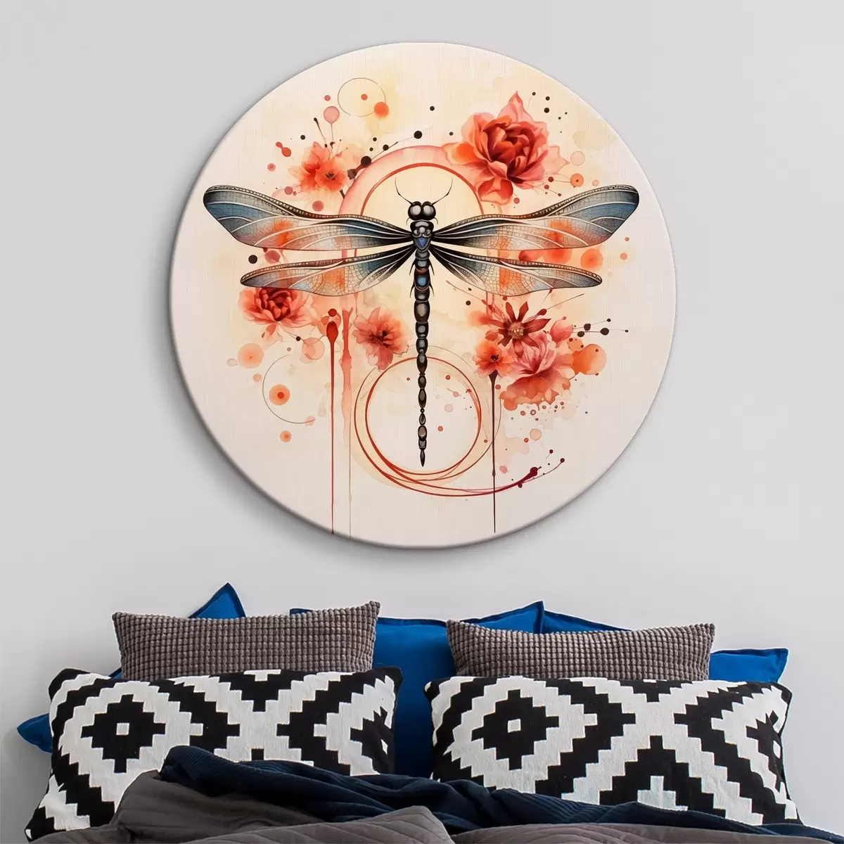 Tableaux rondes Libellule parmi les fleurs rouges aquarelle r39567