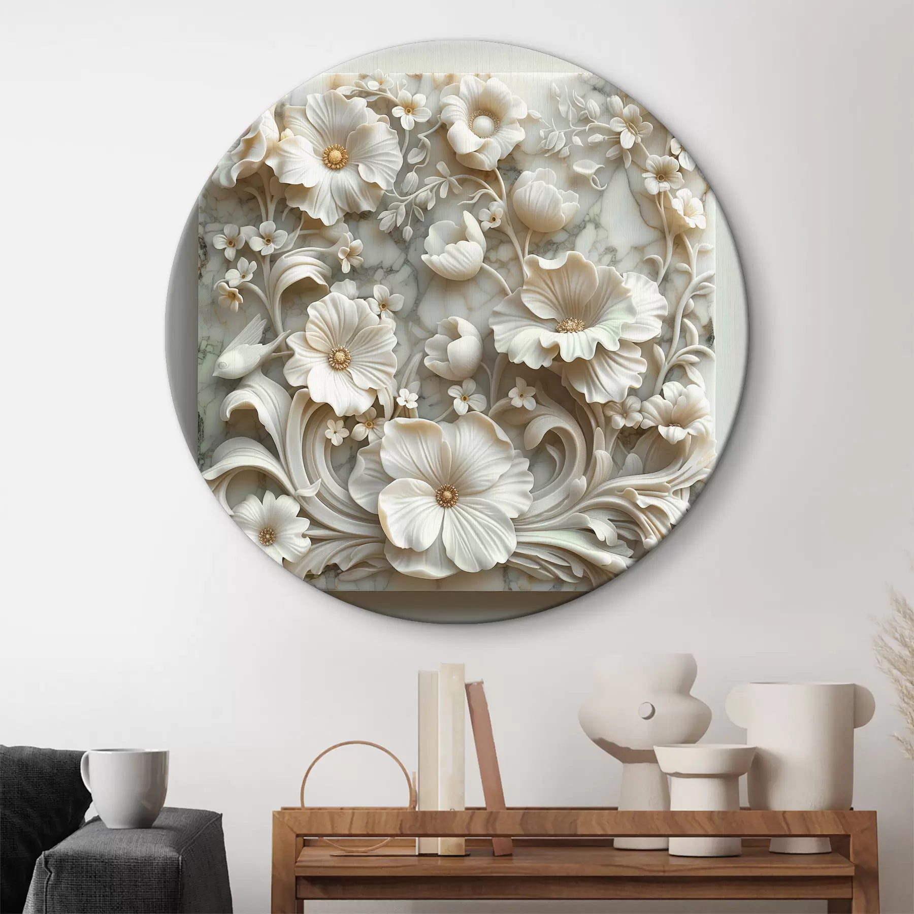 Papier peint Jardin en marbre blanc avec bas-relief d'oiseaux r39729