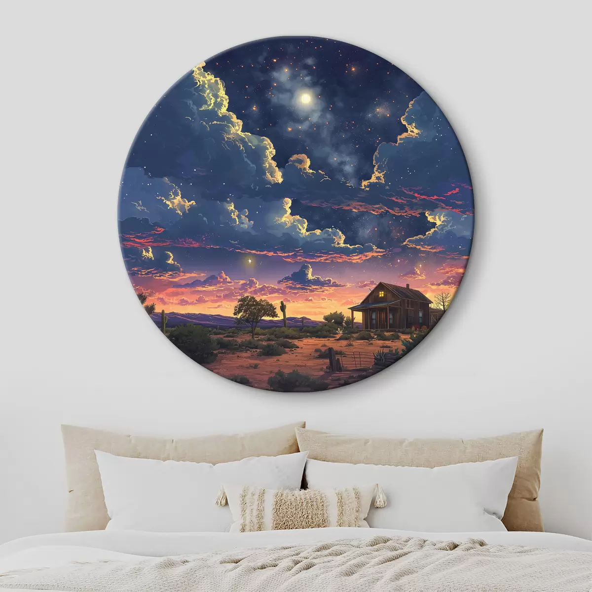Tableaux rondes Ferme dans le désert, ciel étoilé, couleurs du coucher du soleil, paysage naturel r39770