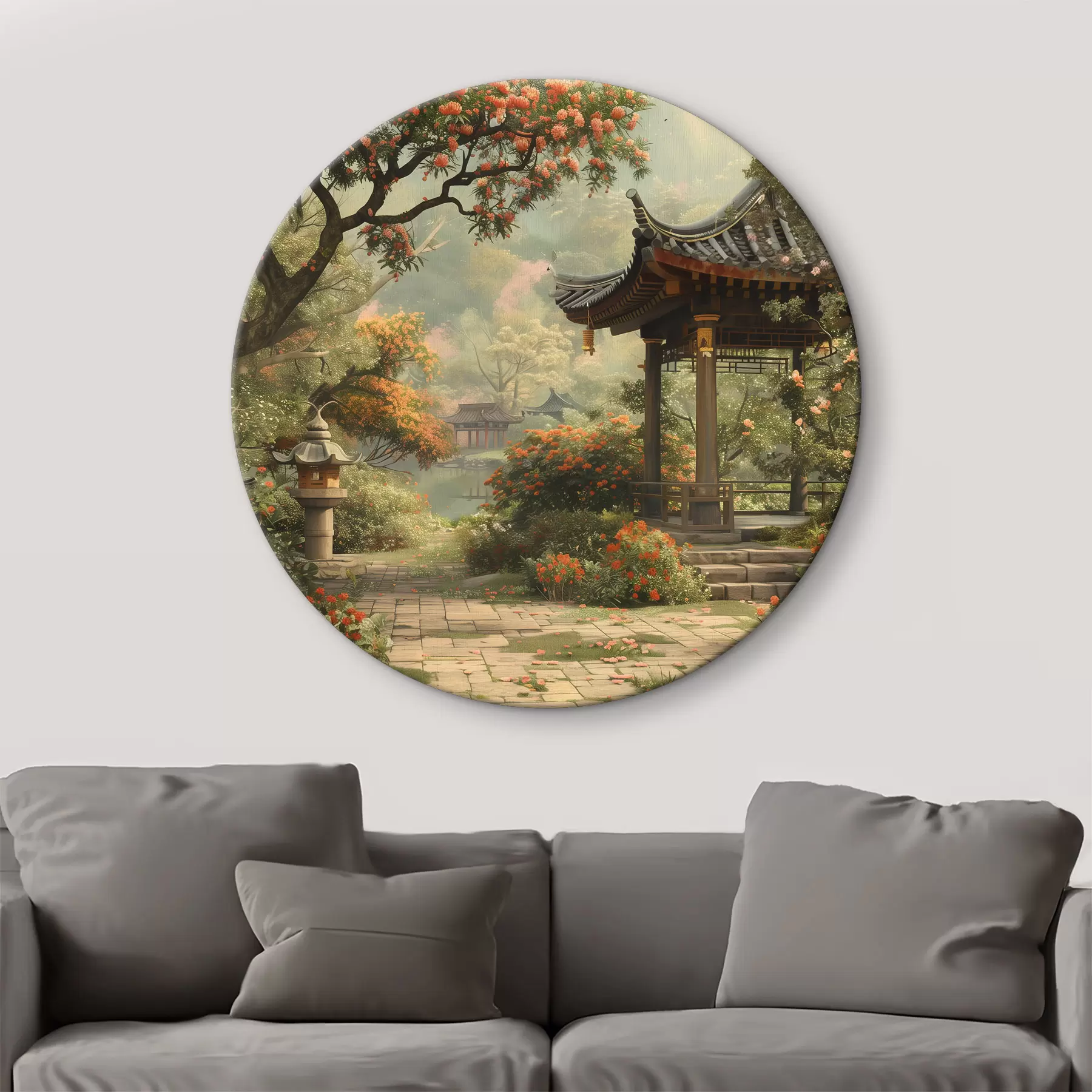 Tableau Parc japonais avec arbres et fleurs en fleurs, forêt, maison de jardin, lac r39772