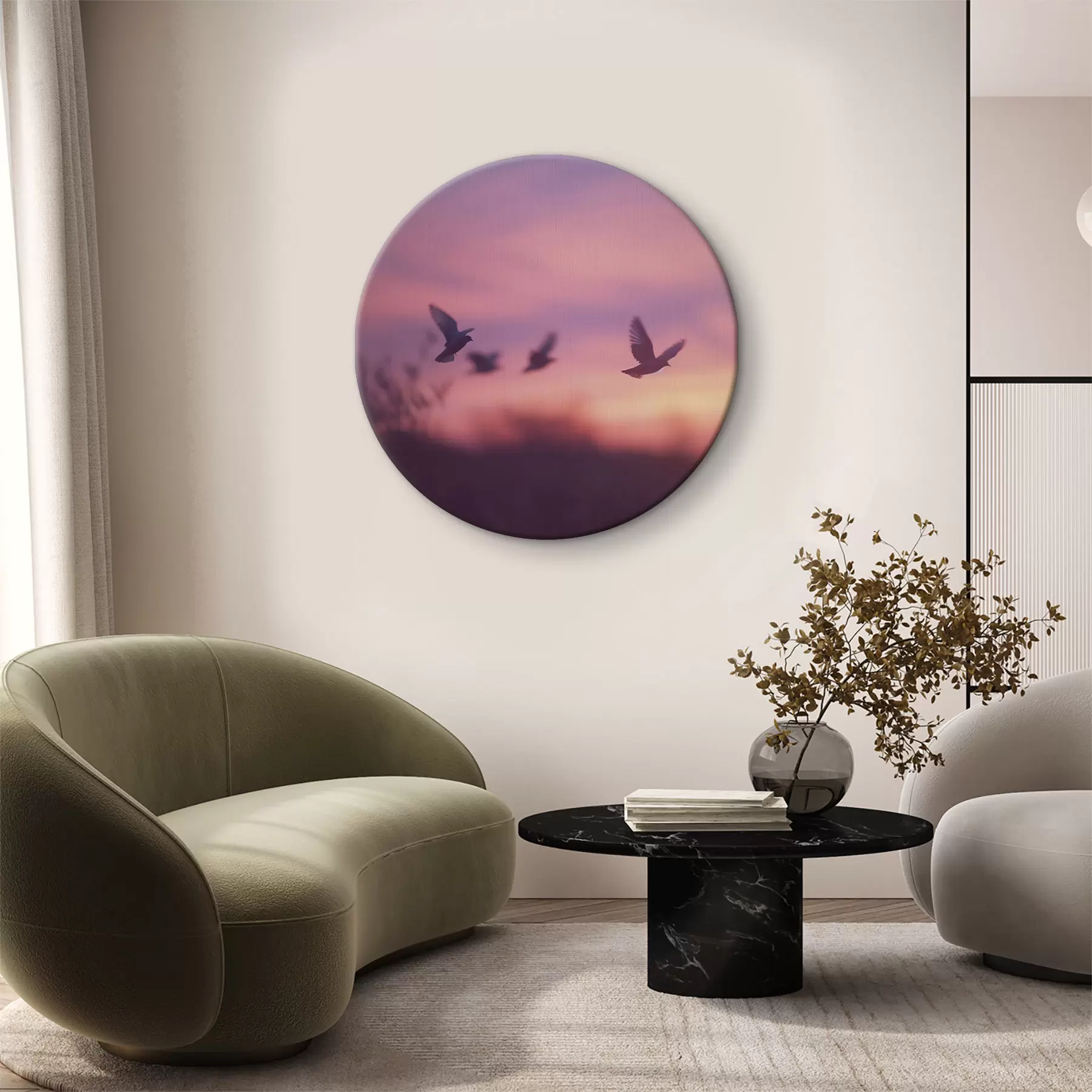 Tableau Oiseaux en vol, ciel de coucher de soleil violet, paysage naturel, cinématique r39972