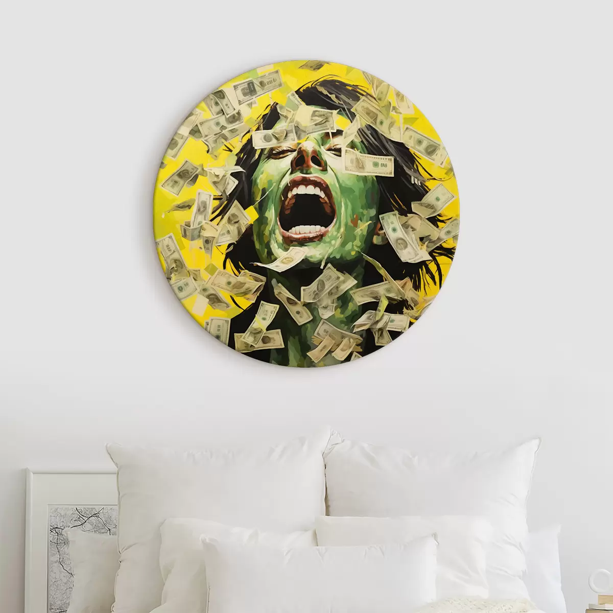 Tableaux rondes Portrait de femme verte sur fond jaune, cri, billets de papier, imitation d'argent de peinture à l'huile r40096