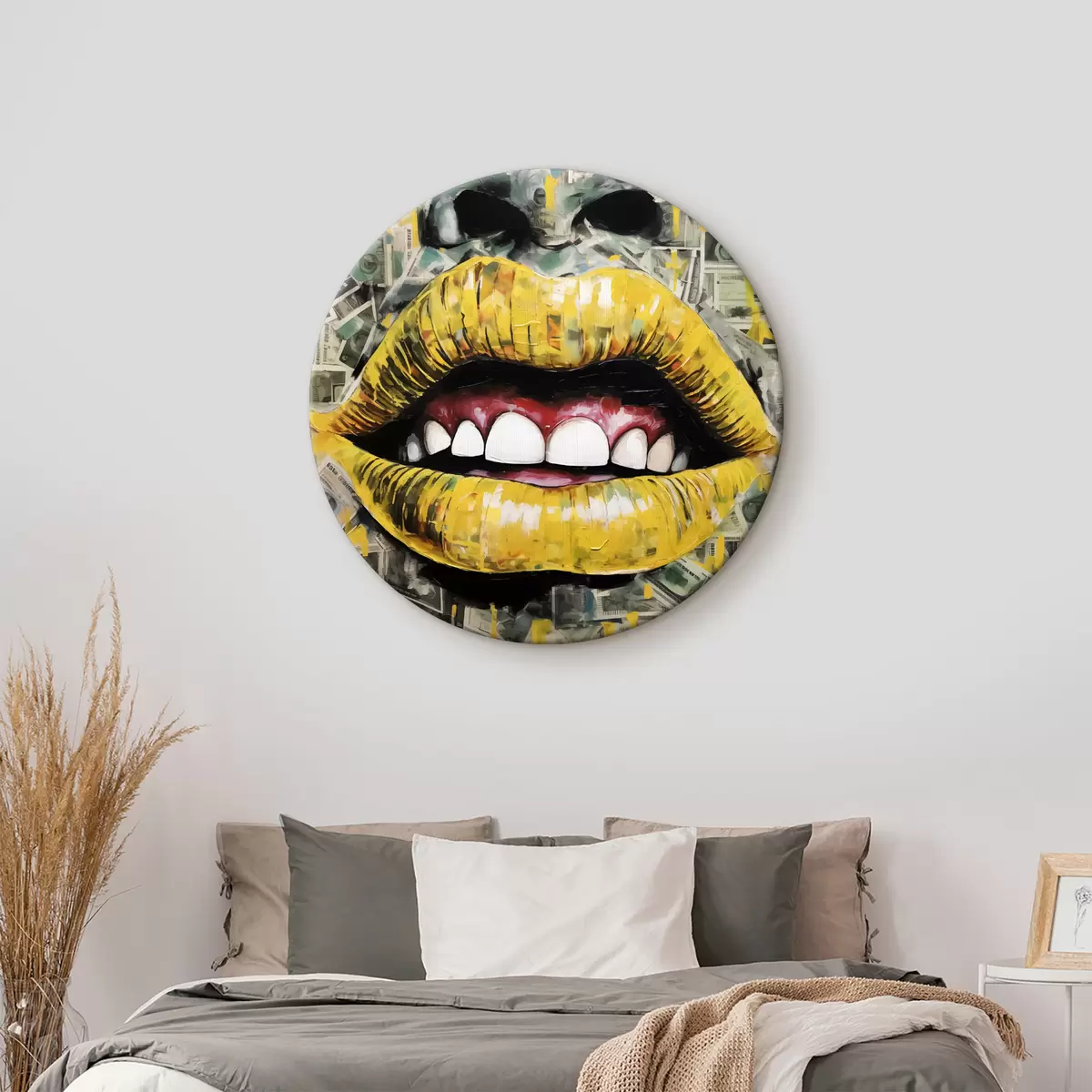 Tableaux rondes Lèvres jaunes, dents blanches, visage en billets de banque imitation de peinture à l'huile r40098