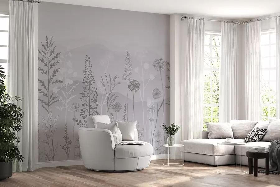 Papier peint papier peint de style écologique, fleurs sauvages dans les tons gris w02443