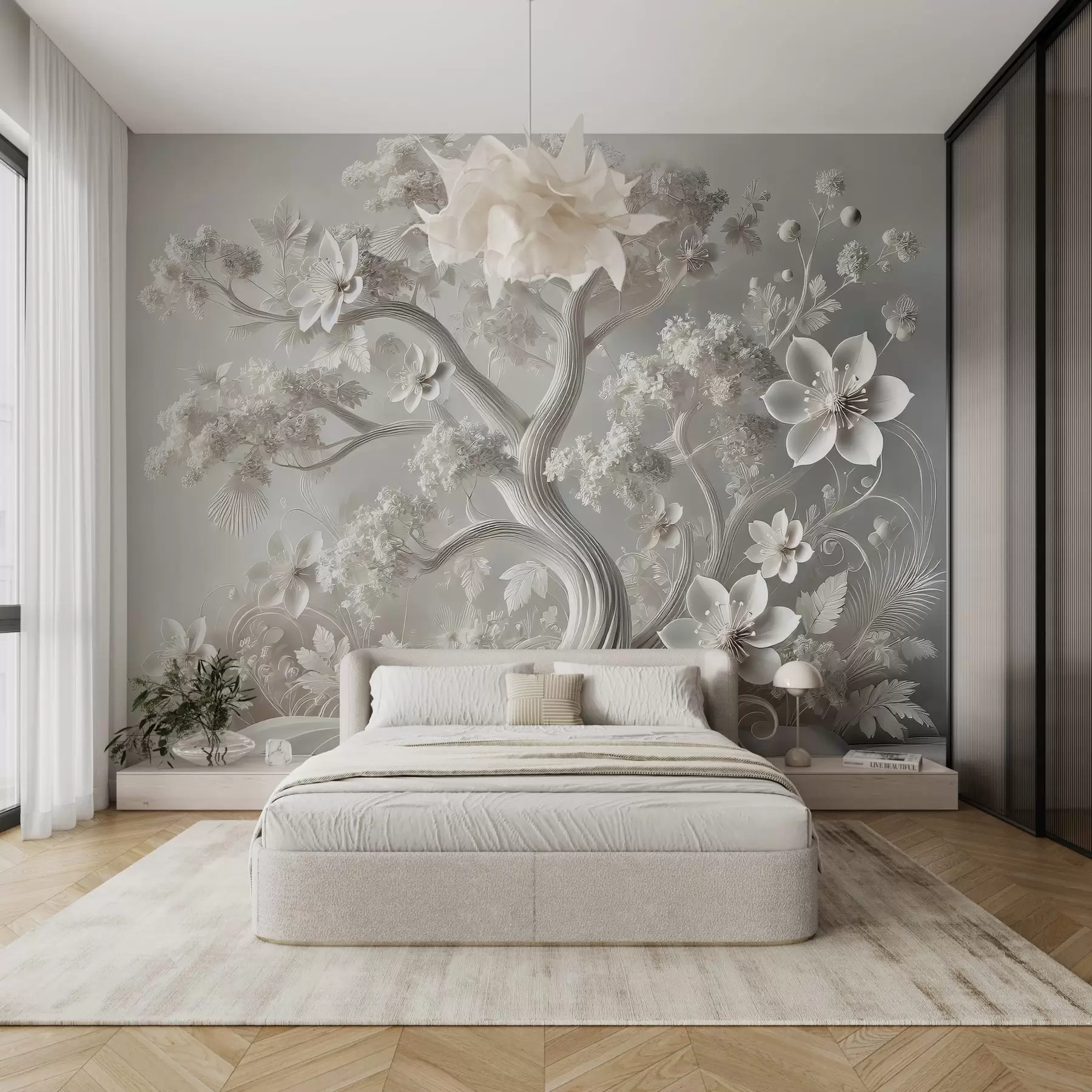 Papier peint arbre blanc fantastique avec des fleurs w02455