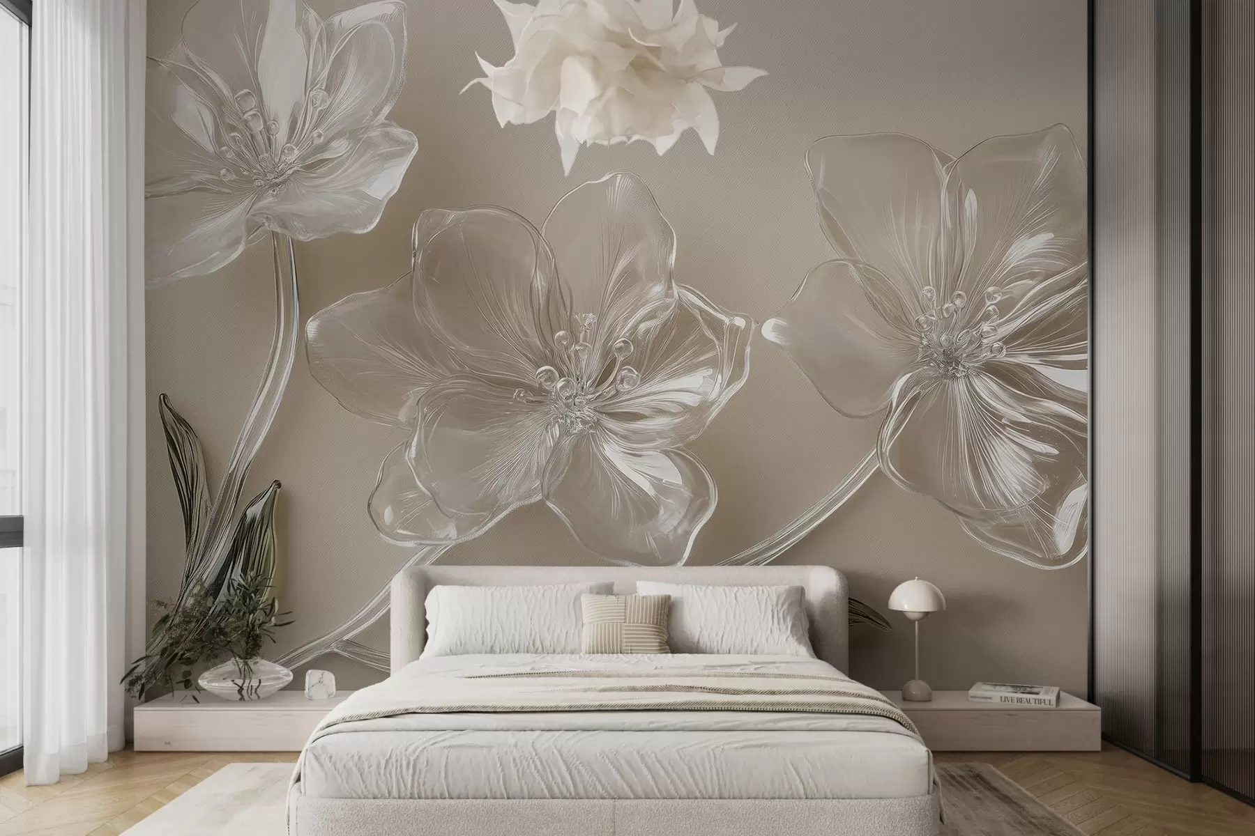 Papier peint grandes fleurs imitation verre sur fond beige w02518