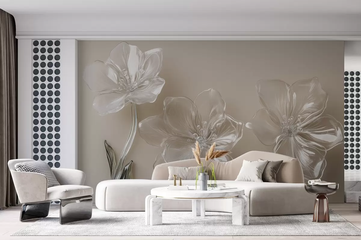 Papier peint grandes fleurs imitation verre sur fond beige w02518