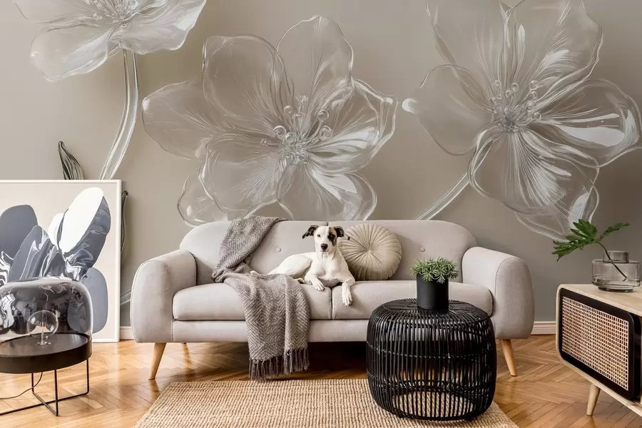 Papier peint grandes fleurs imitation verre sur fond beige w02518