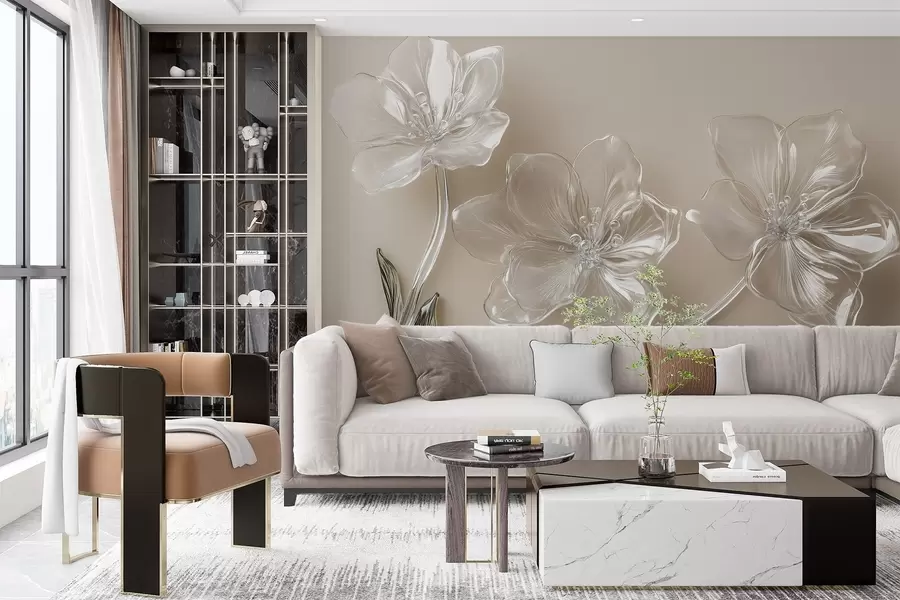 Papier peint grandes fleurs imitation verre sur fond beige w02518