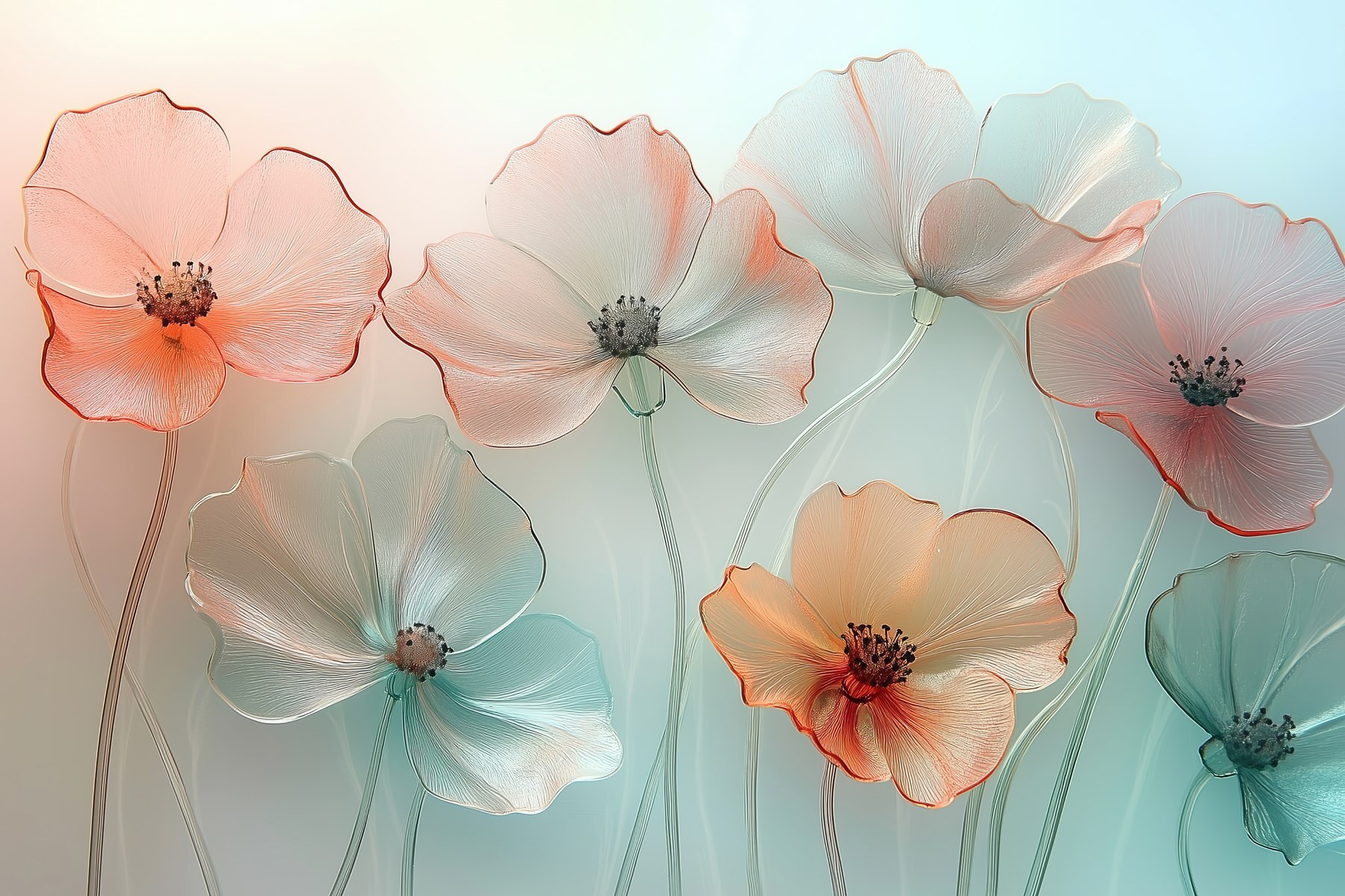 Papier peint fleurs de pavot imitation verre en couleurs délicates