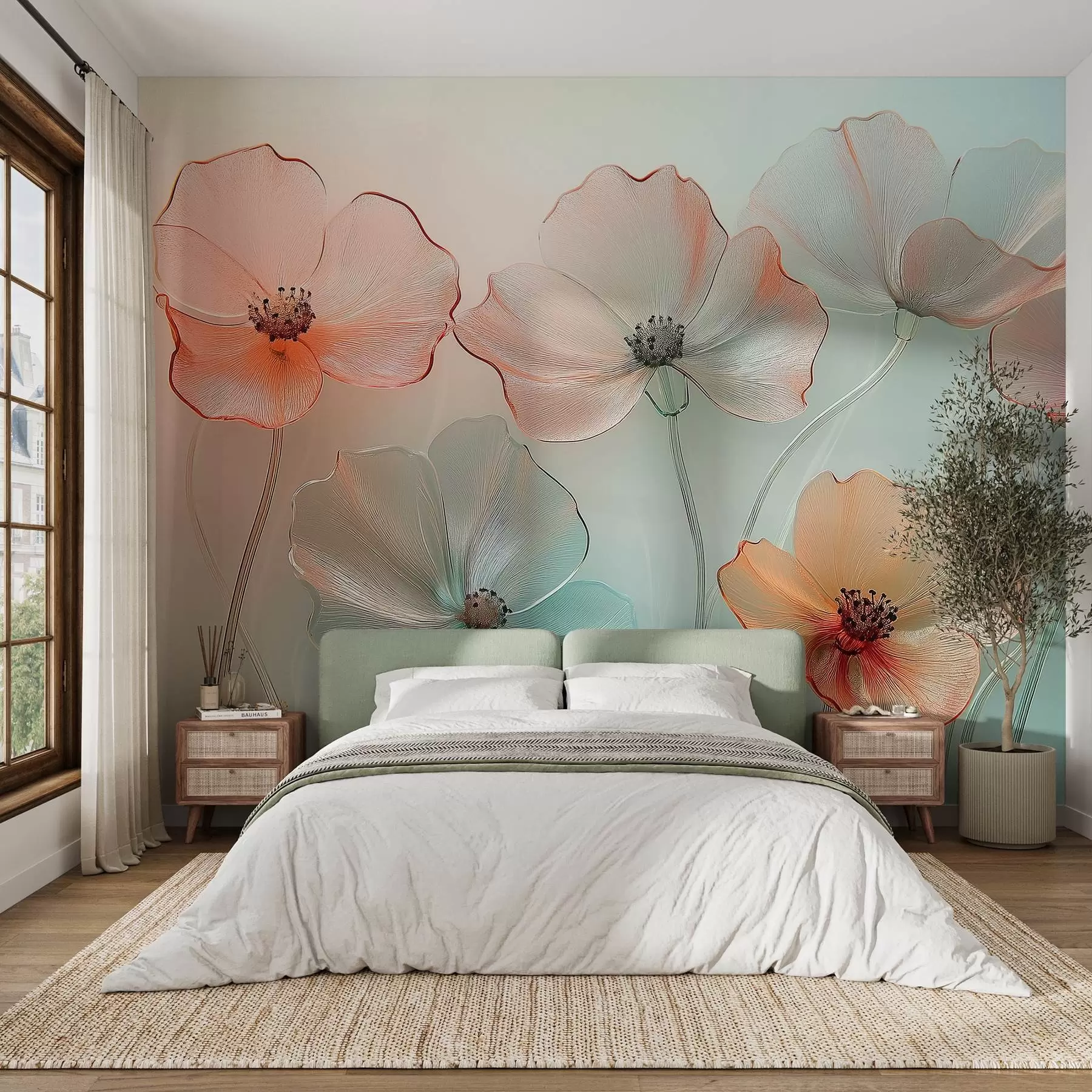 Papier peint fleurs de pavot imitation verre en couleurs délicates w02519