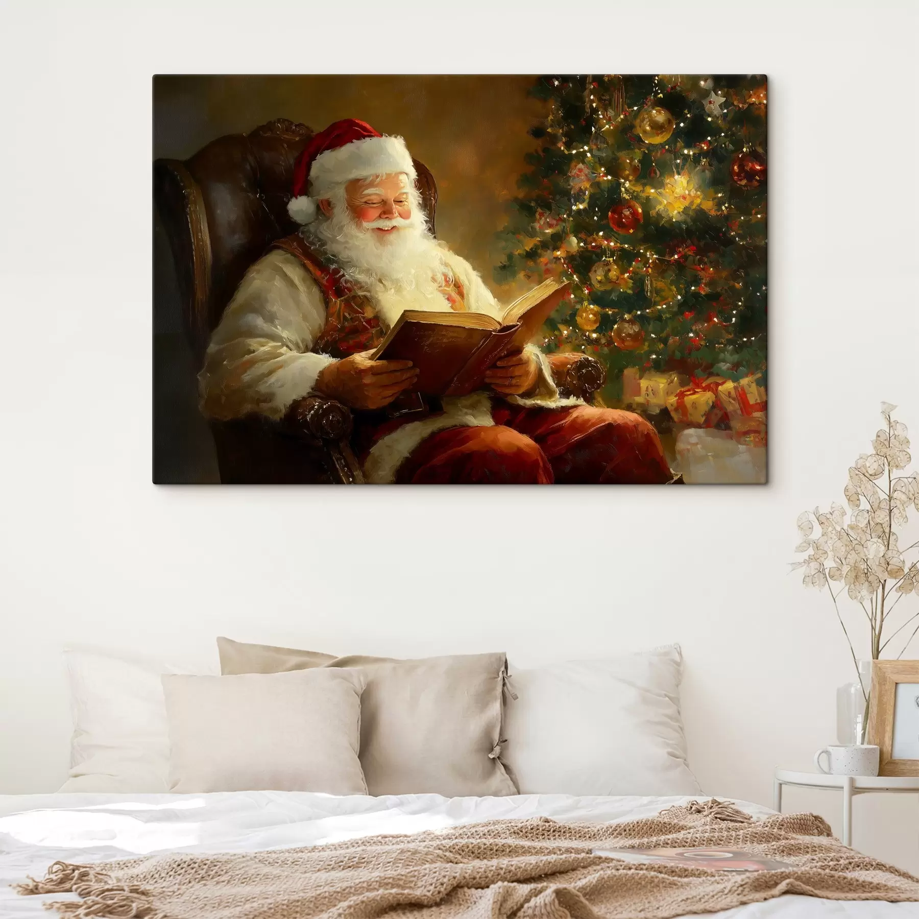 Tableau Le Père Noël lit un livre près de l'arbre de Noël s42100