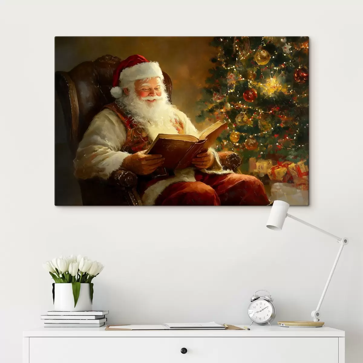 Tableau Le Père Noël lit un livre près de l'arbre de Noël s42100