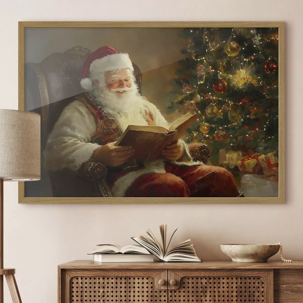 Poster Le Père Noël lit un livre près de l'arbre de Noël f42100