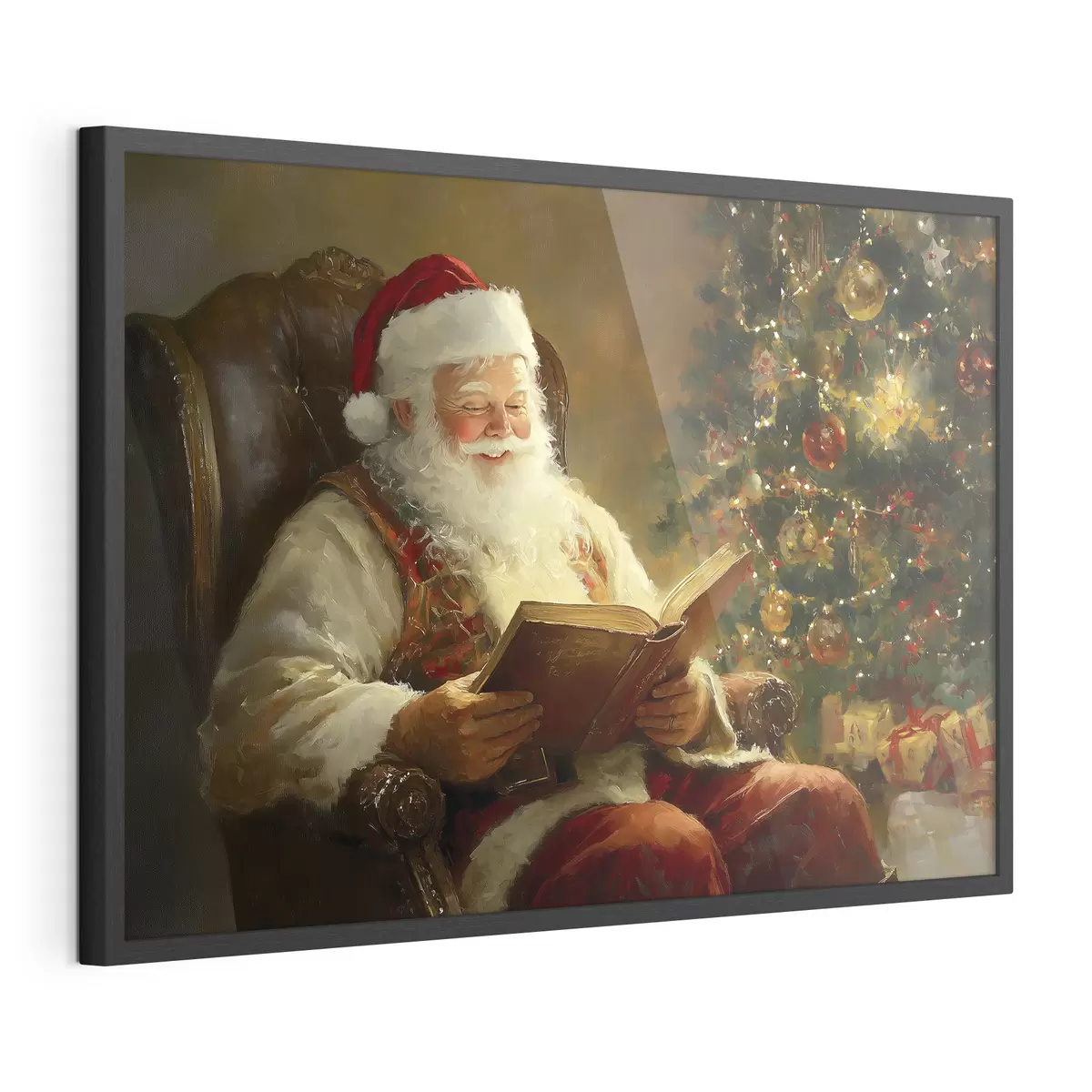 Poster Le Père Noël lit un livre près de l'arbre de Noël f42100