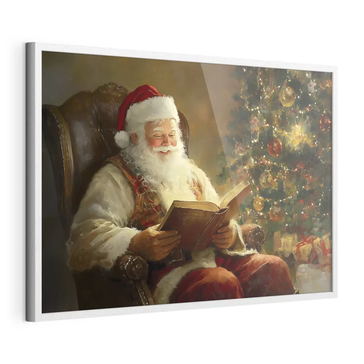 Poster Le Père Noël lit un livre près de l'arbre de Noël f42100