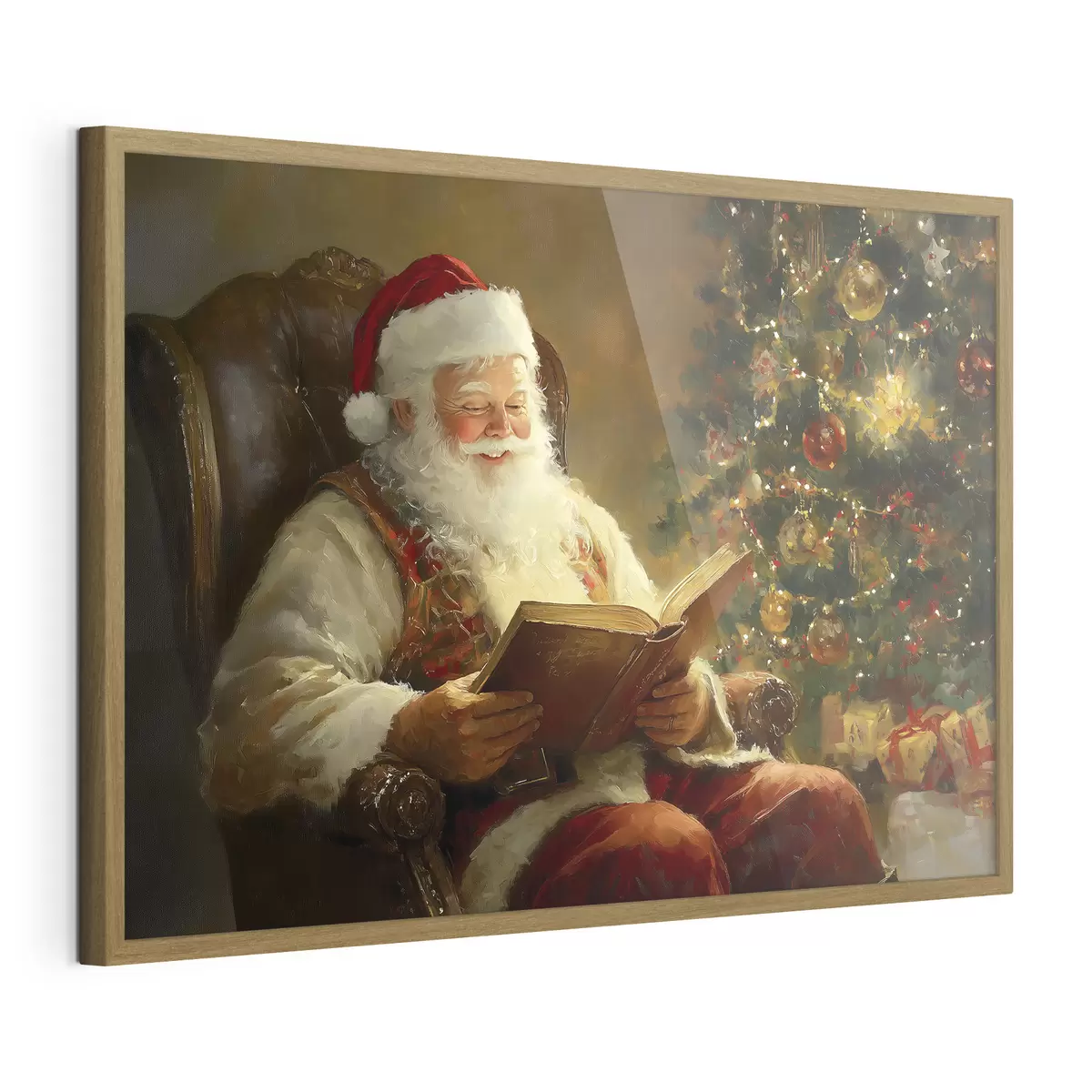 Poster Le Père Noël lit un livre près de l'arbre de Noël f42100