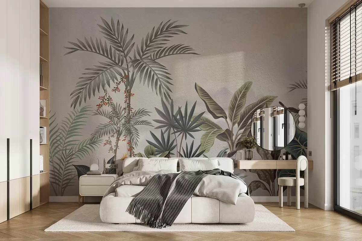 Papier peint Jungle tropicale avec palmiers et oiseaux colorés w08496