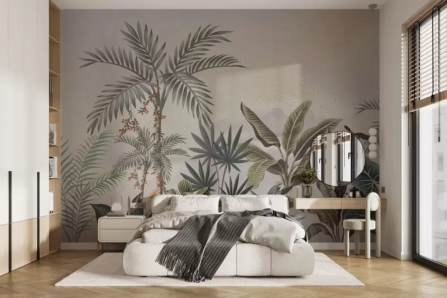 Papier peint Jungle tropicale avec palmiers et oiseaux colorés w08496