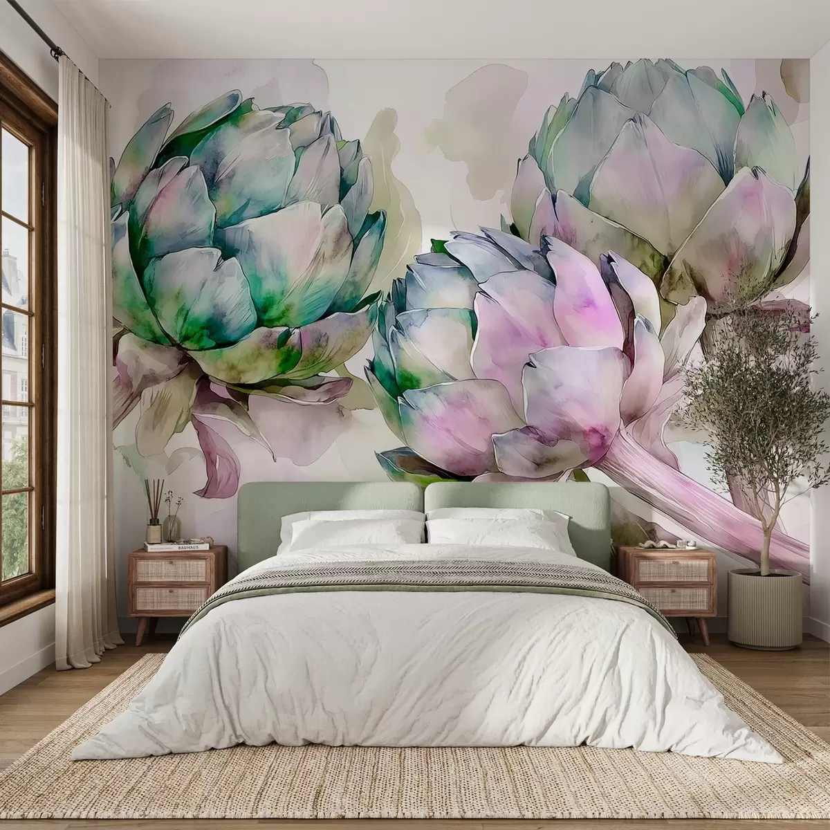 Papier peint Artichauts style aquarelle, fleurs, violet et vert w02481