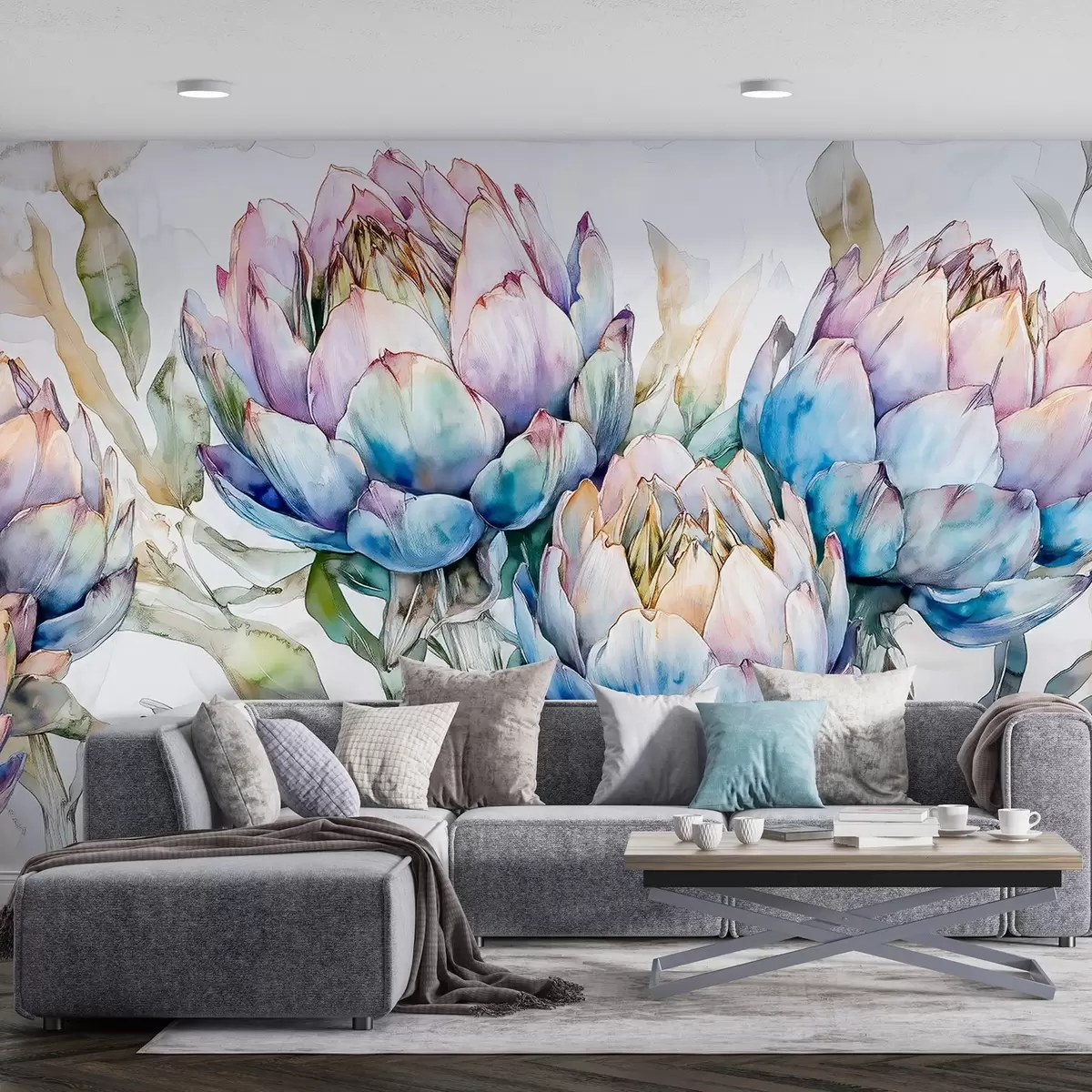 Papier peint Dessin d'artichauts, style aquarelle, floral, violet, beige, vert w02484