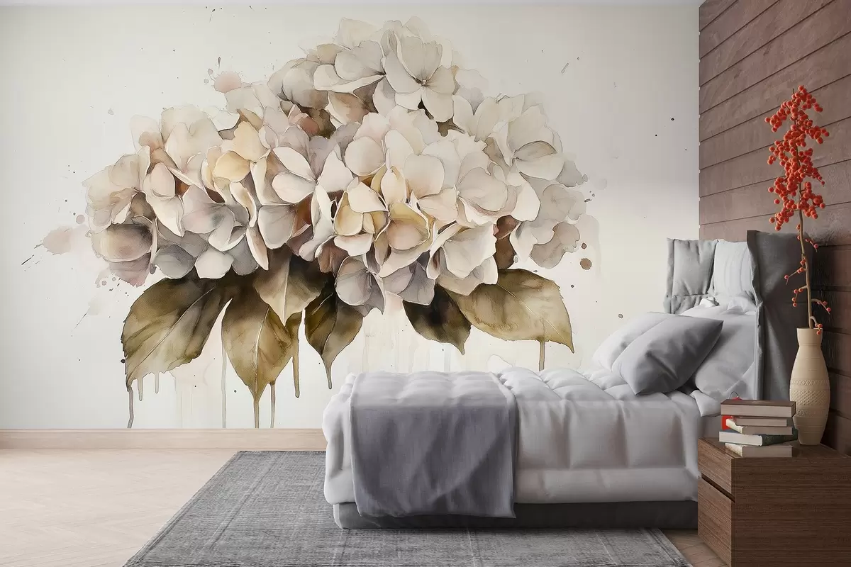 Papier peint Dessin à l'aquarelle d'une fleur d'hortensia, couleurs beiges w02485