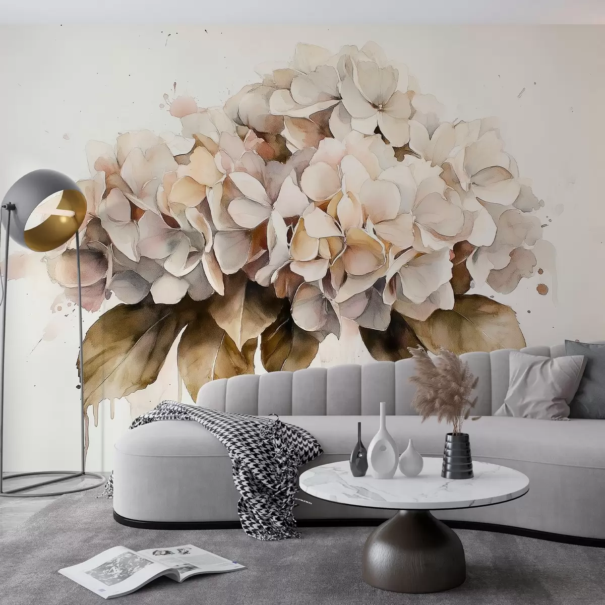 Papier peint Dessin à l'aquarelle d'une fleur d'hortensia, couleurs beiges w02485