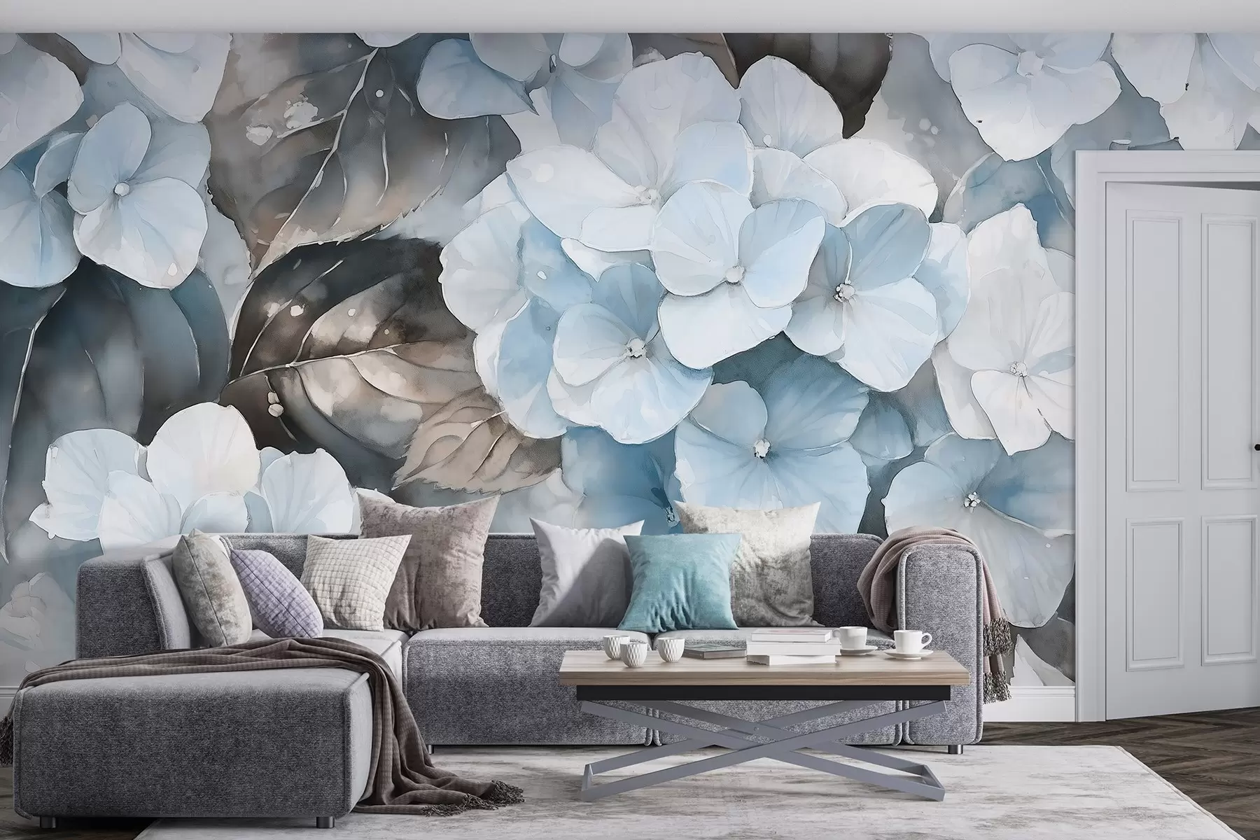 Papier peint Fleurs d'hortensia, dessin de style aquarelle, couleurs bleues, floral w02488v1
