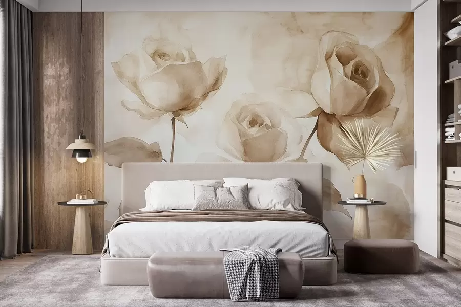 Papier peint Beige roses, fleurs, dessin aquarelle doux, rustique, bohème w02490