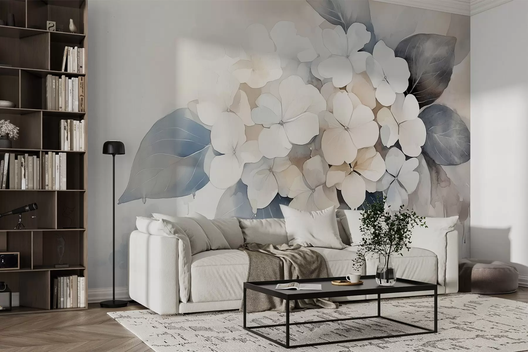 Papier peint Fleur d'hortensia, couleurs douces, style aquarelle w02491
