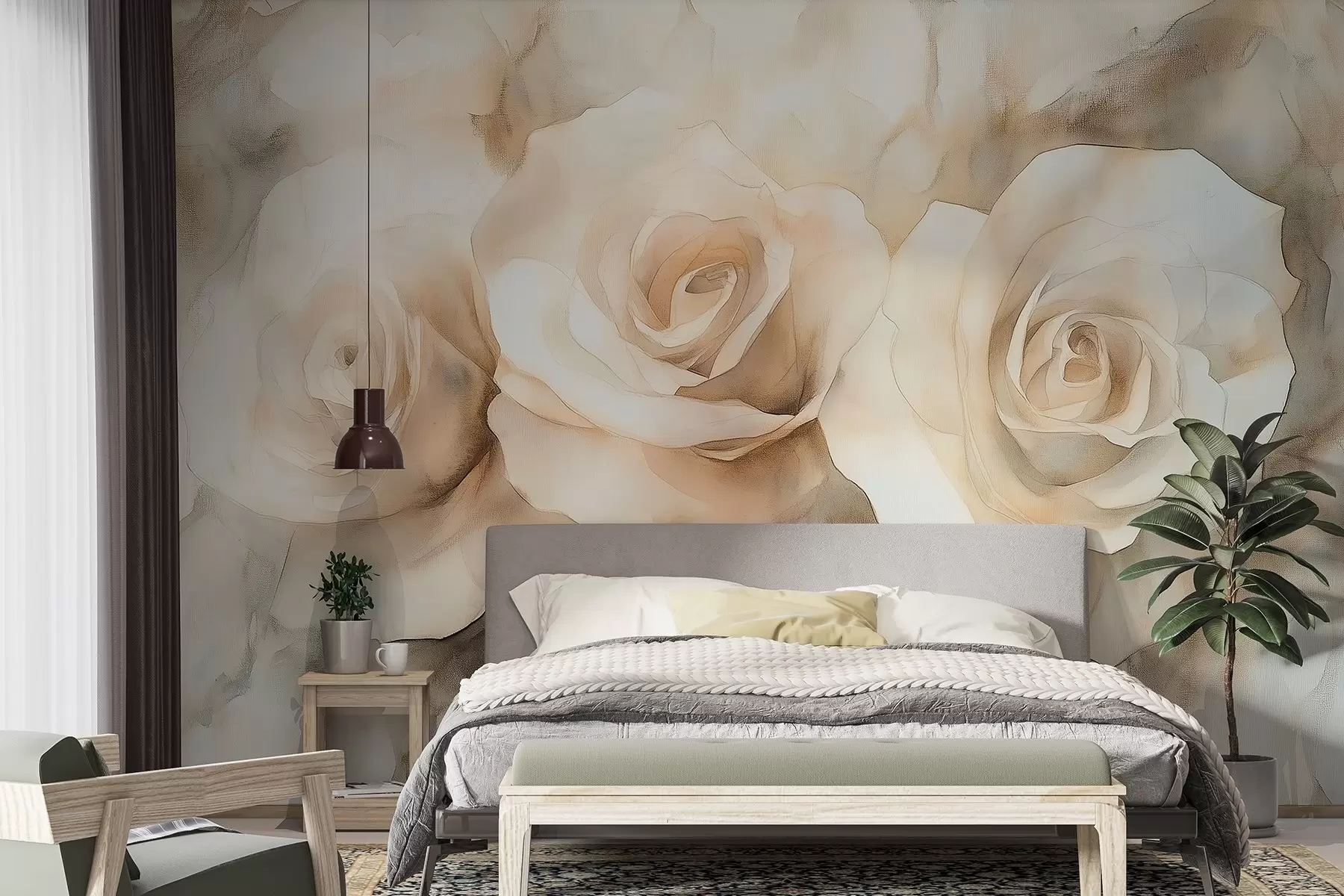 Papier peint Belles roses, style aquarelle, couleurs beiges, bohème w02492