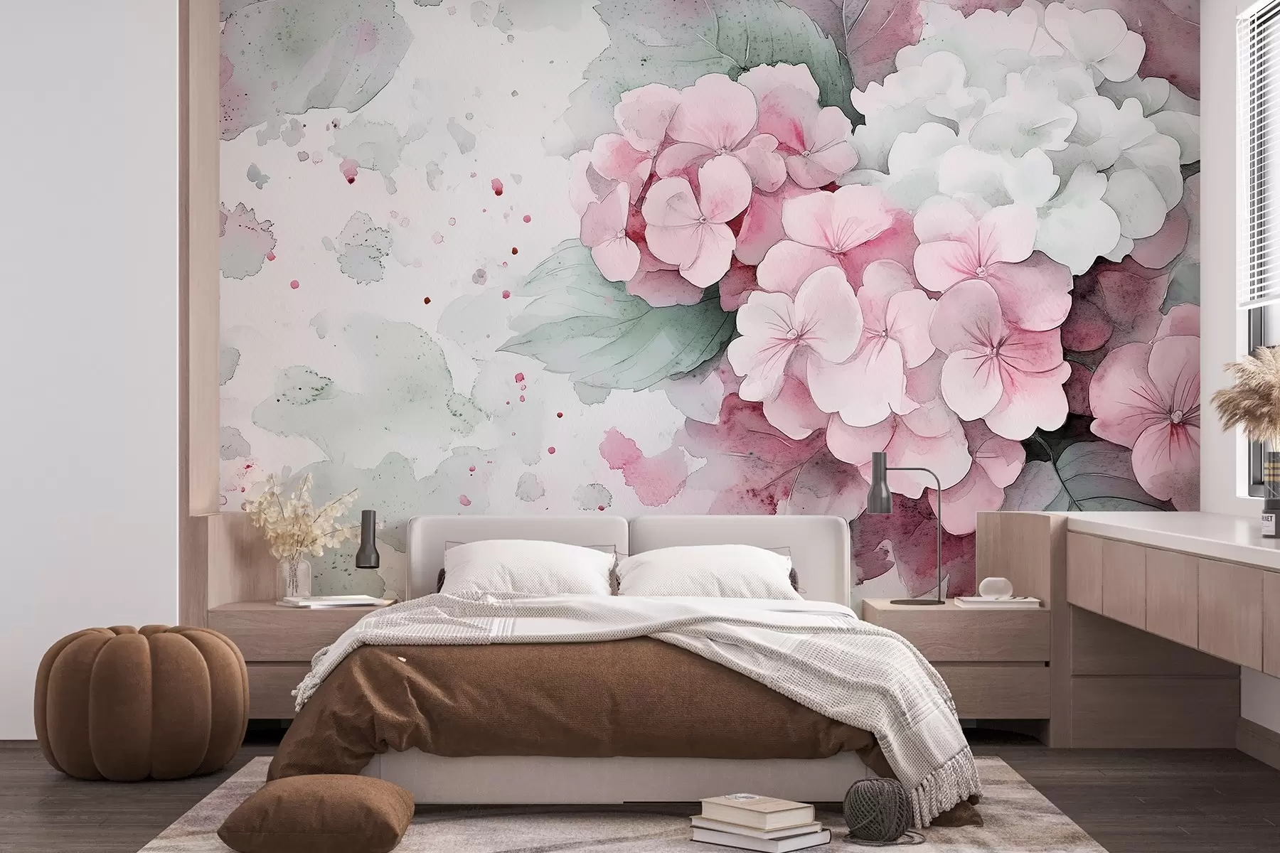 Papier peint Dessin à l'aquarelle de fleurs d'hortensia avec feuilles, couleurs roses et vertes douces w02493v1