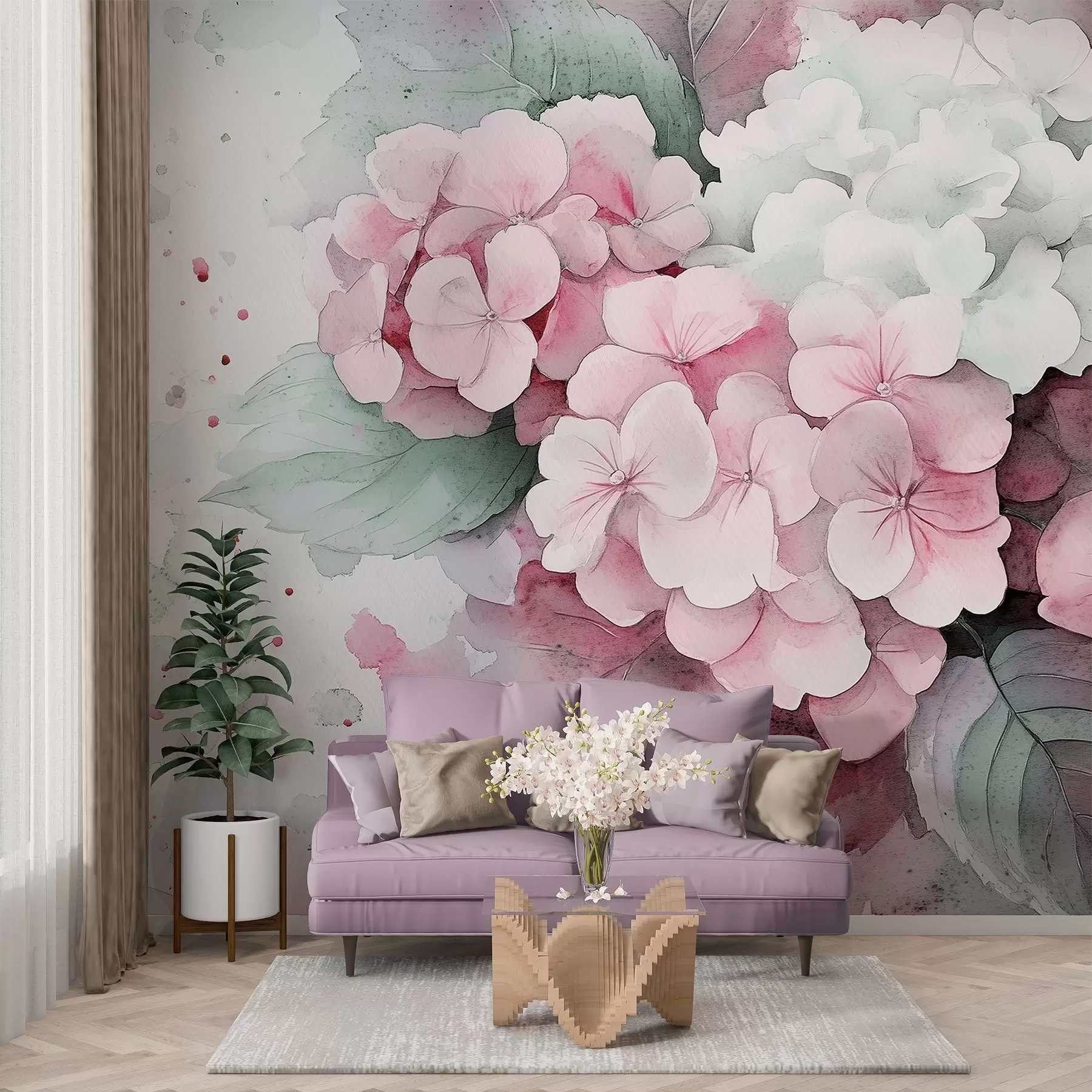 Papier peint Dessin à l'aquarelle de fleurs d'hortensia avec feuilles, couleurs roses et vertes douces w02493v1