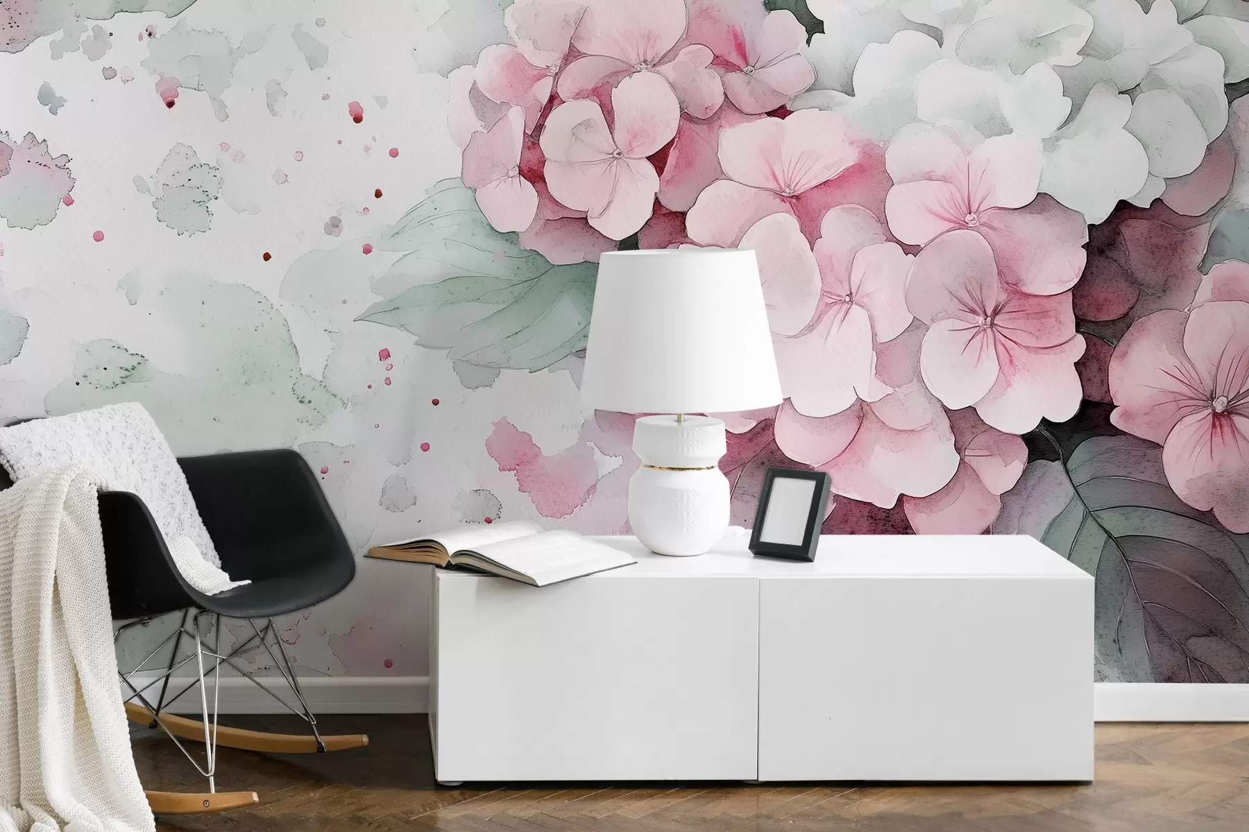 Papier peint Dessin à l'aquarelle de fleurs d'hortensia avec feuilles, couleurs roses et vertes douces w02493v1