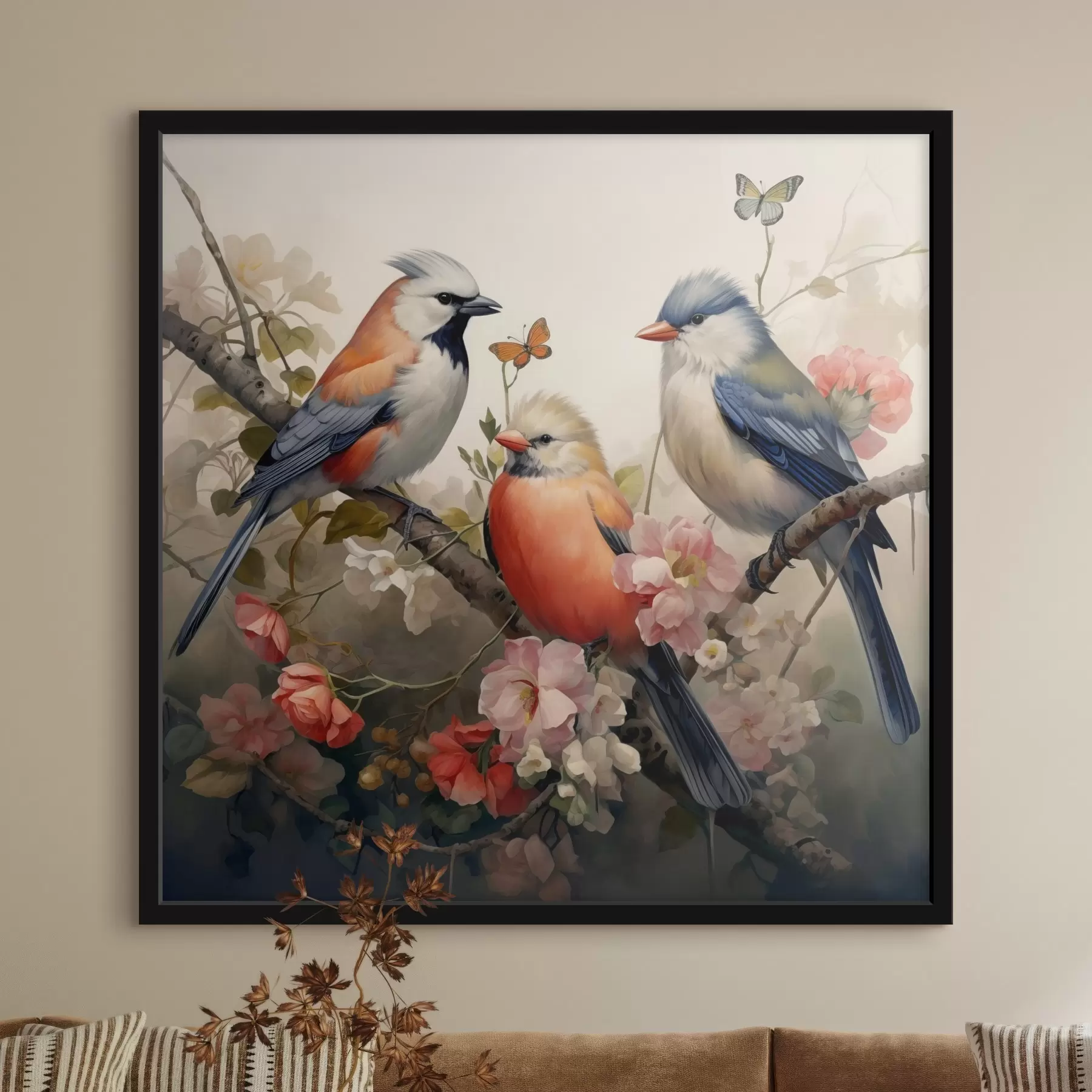 Papier peint Groupe d'oiseaux sur une branche avec des fleurs f38103