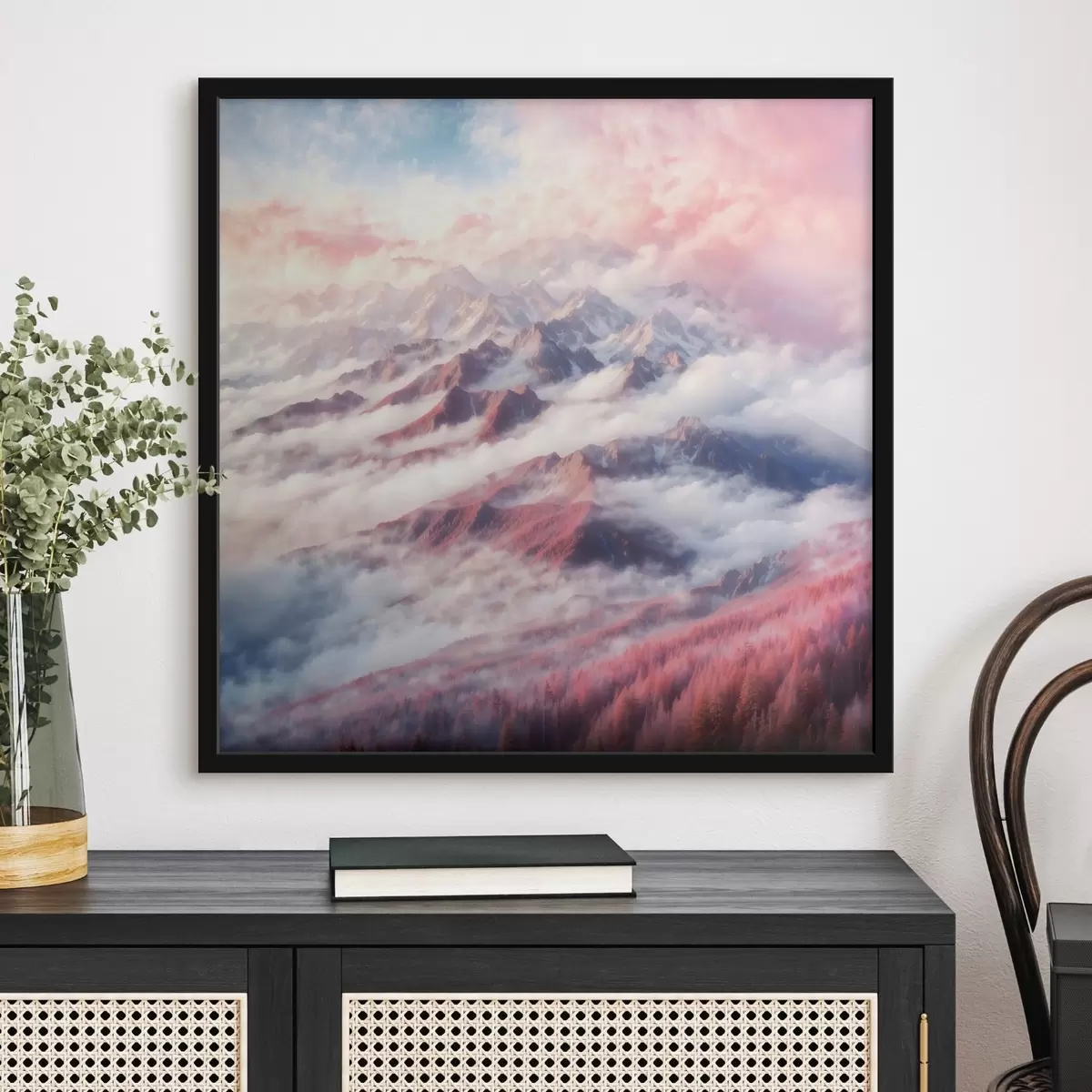 Poster Chaîne de montagnes avec nuages et arbres f38358