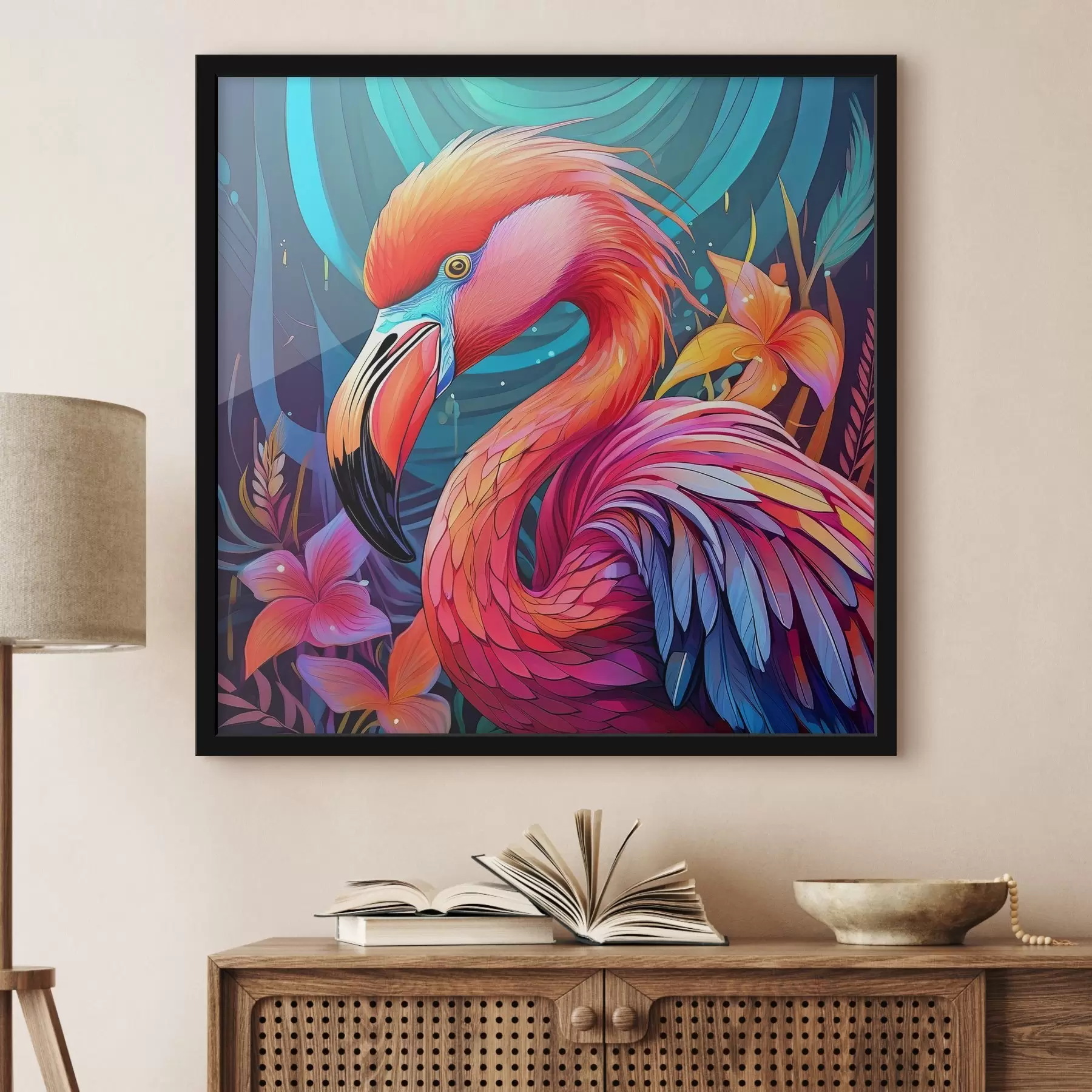 Tableau Flamant rose coloré avec des fleurs f38609