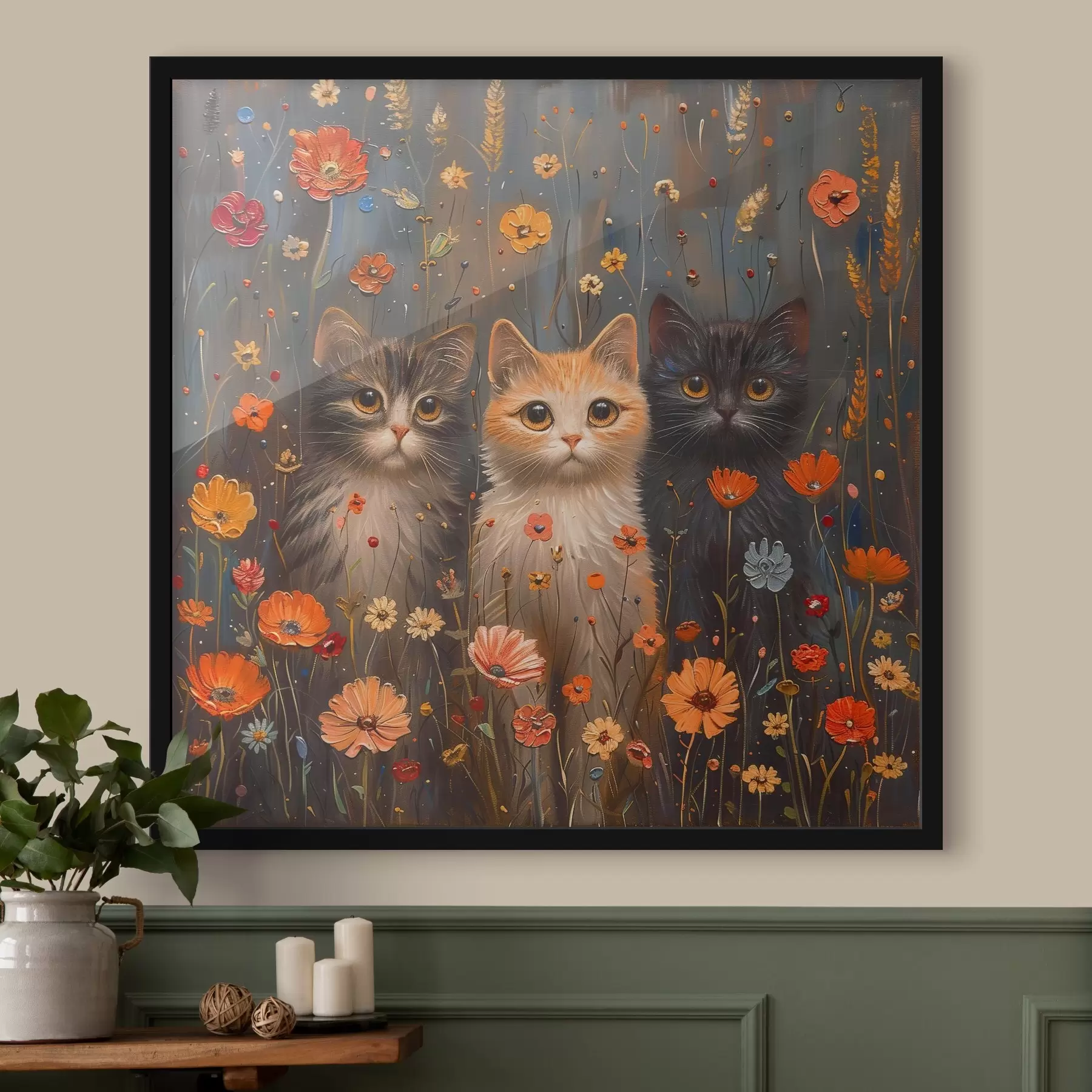 Tableau Trois charmants chats parmi les fleurs f39012