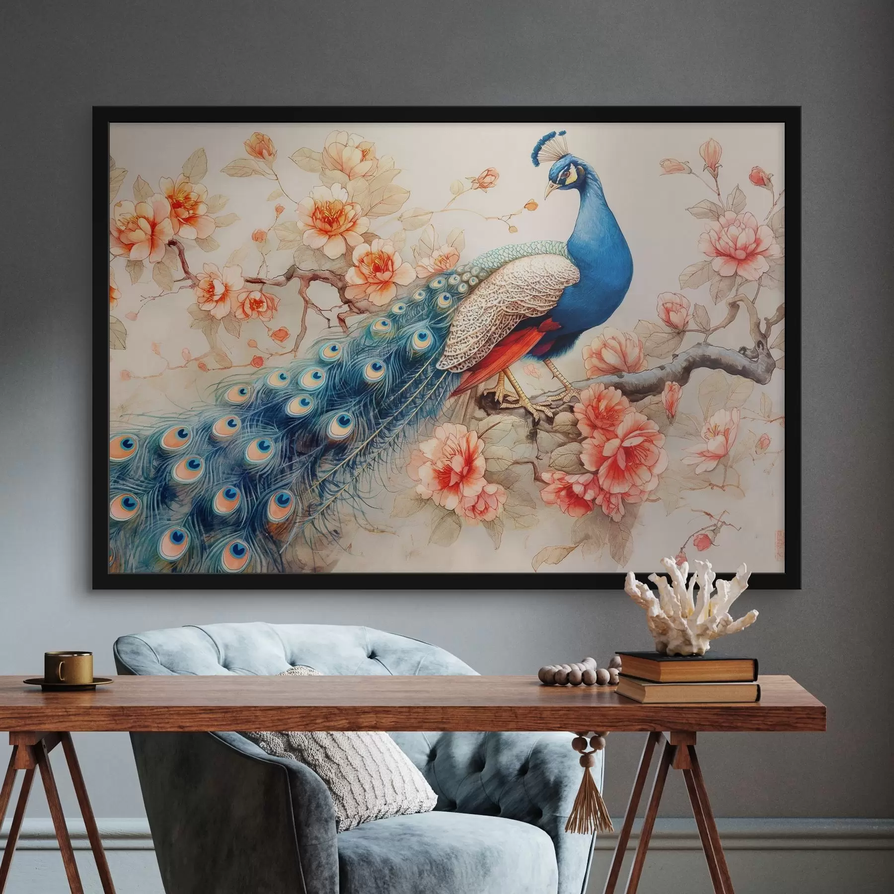 Tableau Image représentant un paon sur une branche avec des fleurs f38451