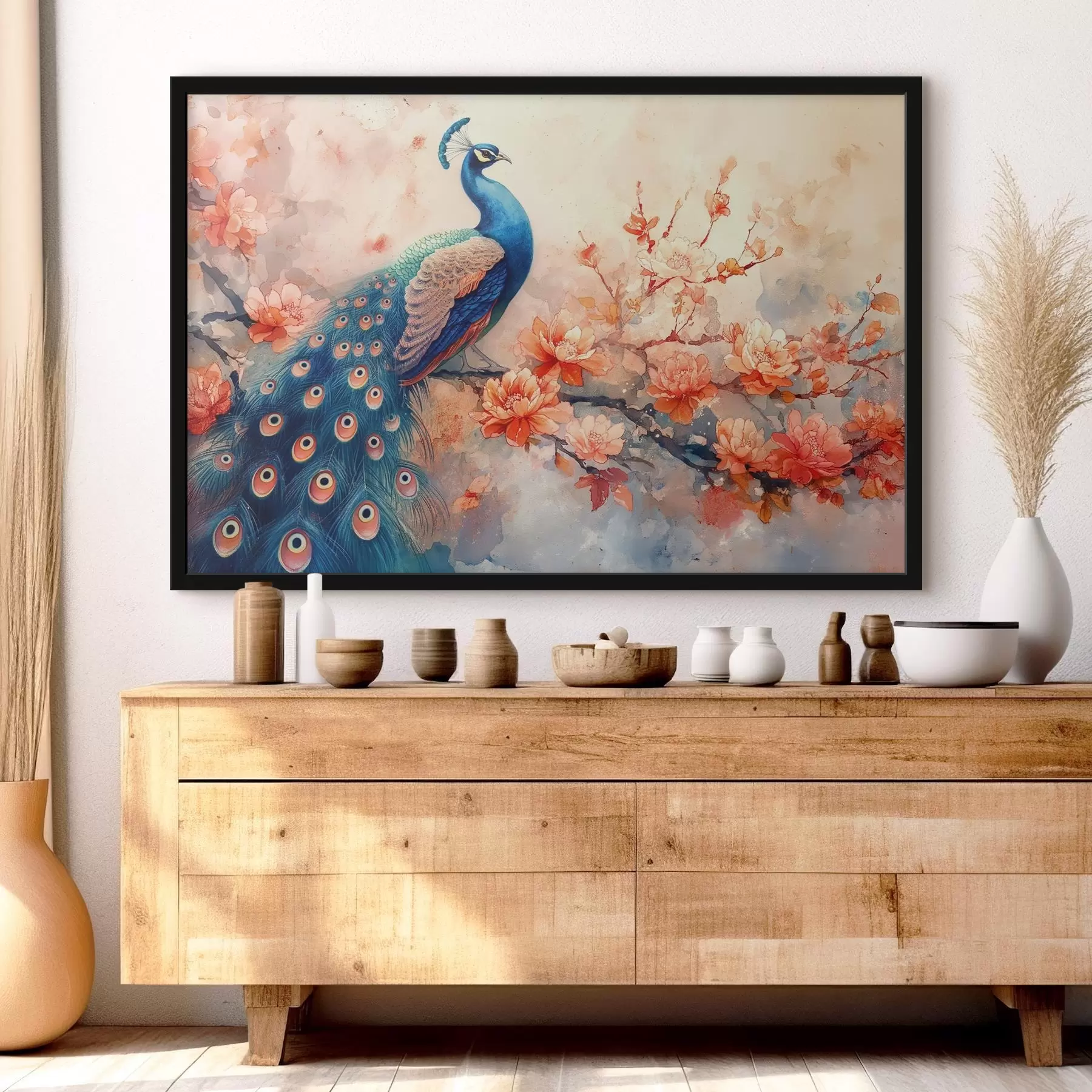 Papier peint Image représentant un paon sur une branche avec des fleurs f38455