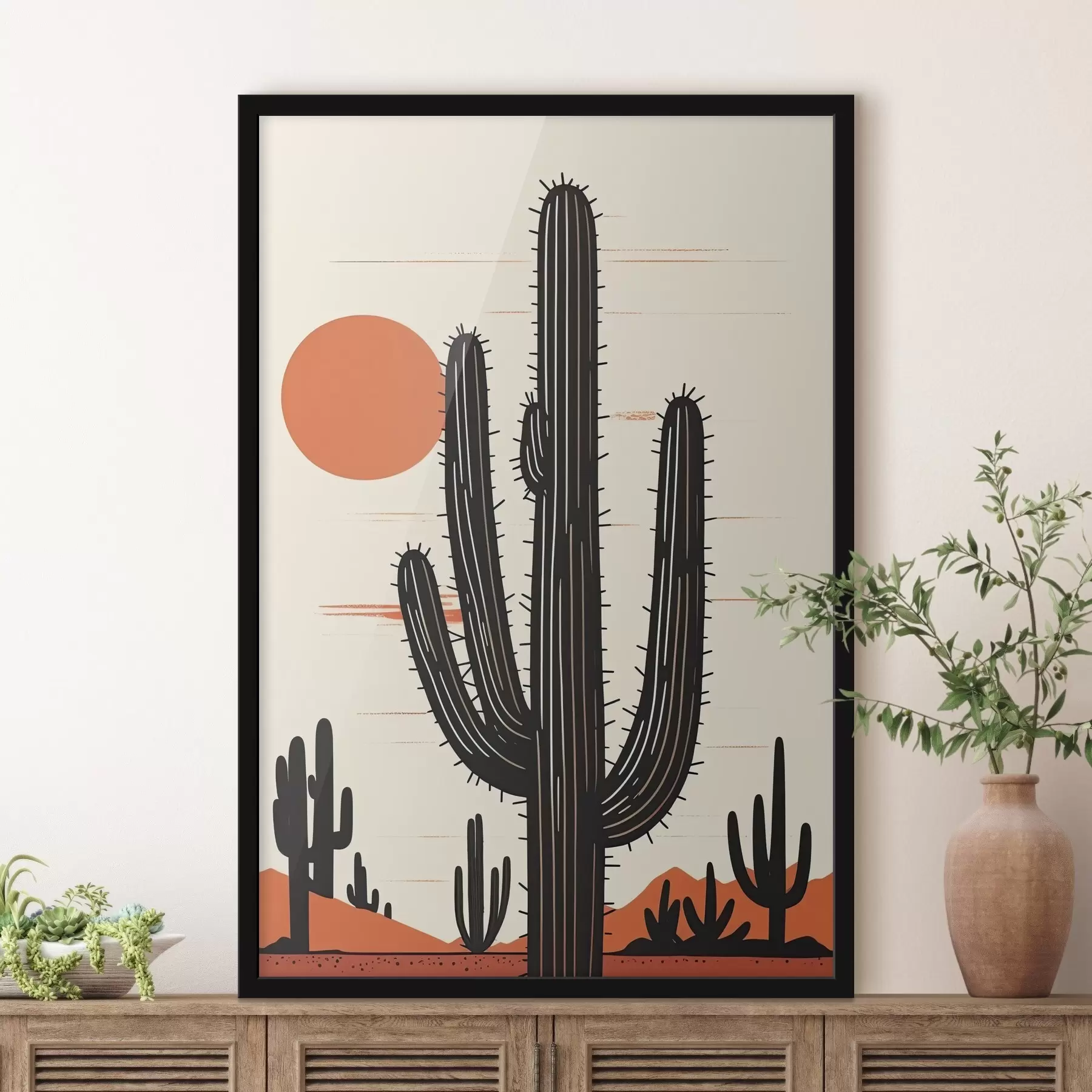 Papier peint Coucher de soleil dans le désert et grands cactus f36262