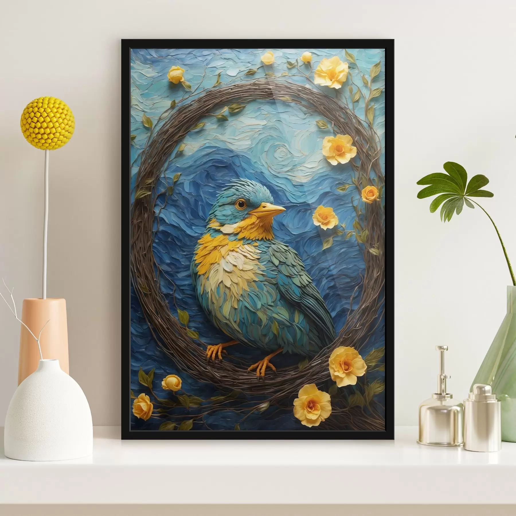 Papier peint Un nid vibrant dans une couronne de fleurs tranquille f36440