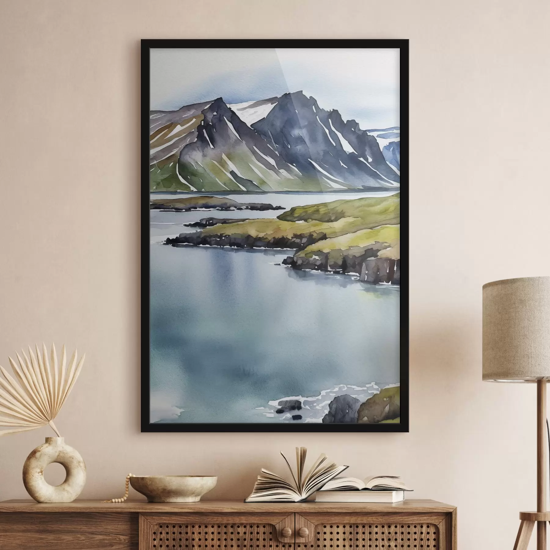 Papier peint Aquarelle représentant un lac et des montagnes f36679