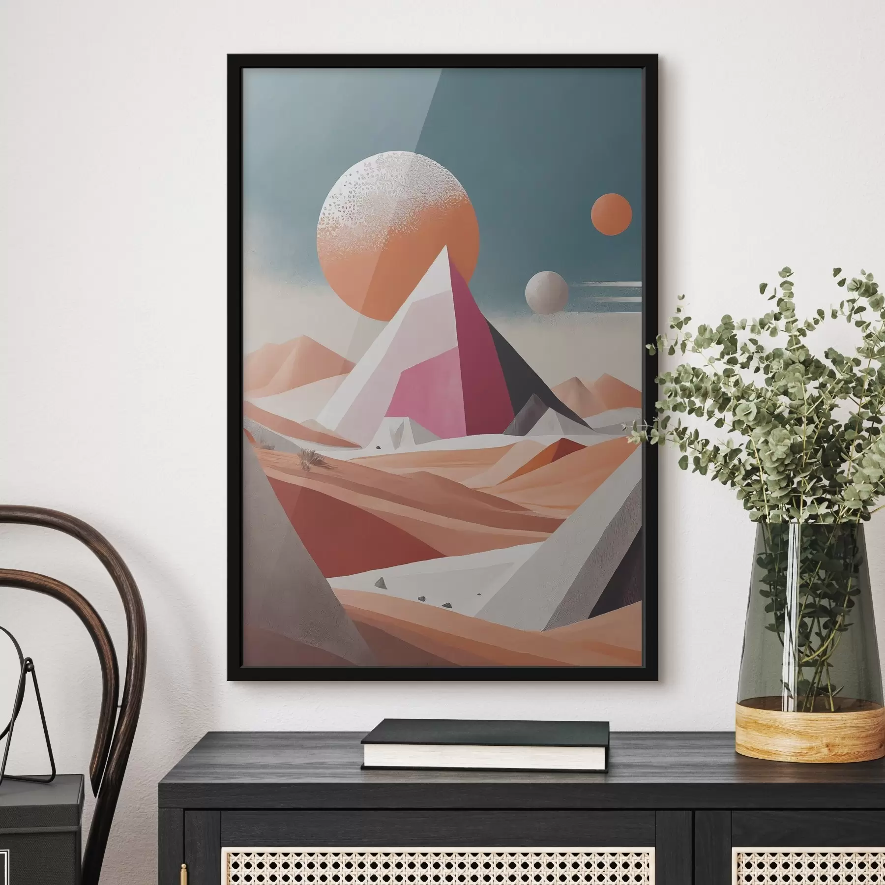 Papier peint Image d'un paysage désertique avec une pyramide et le soleil f37371